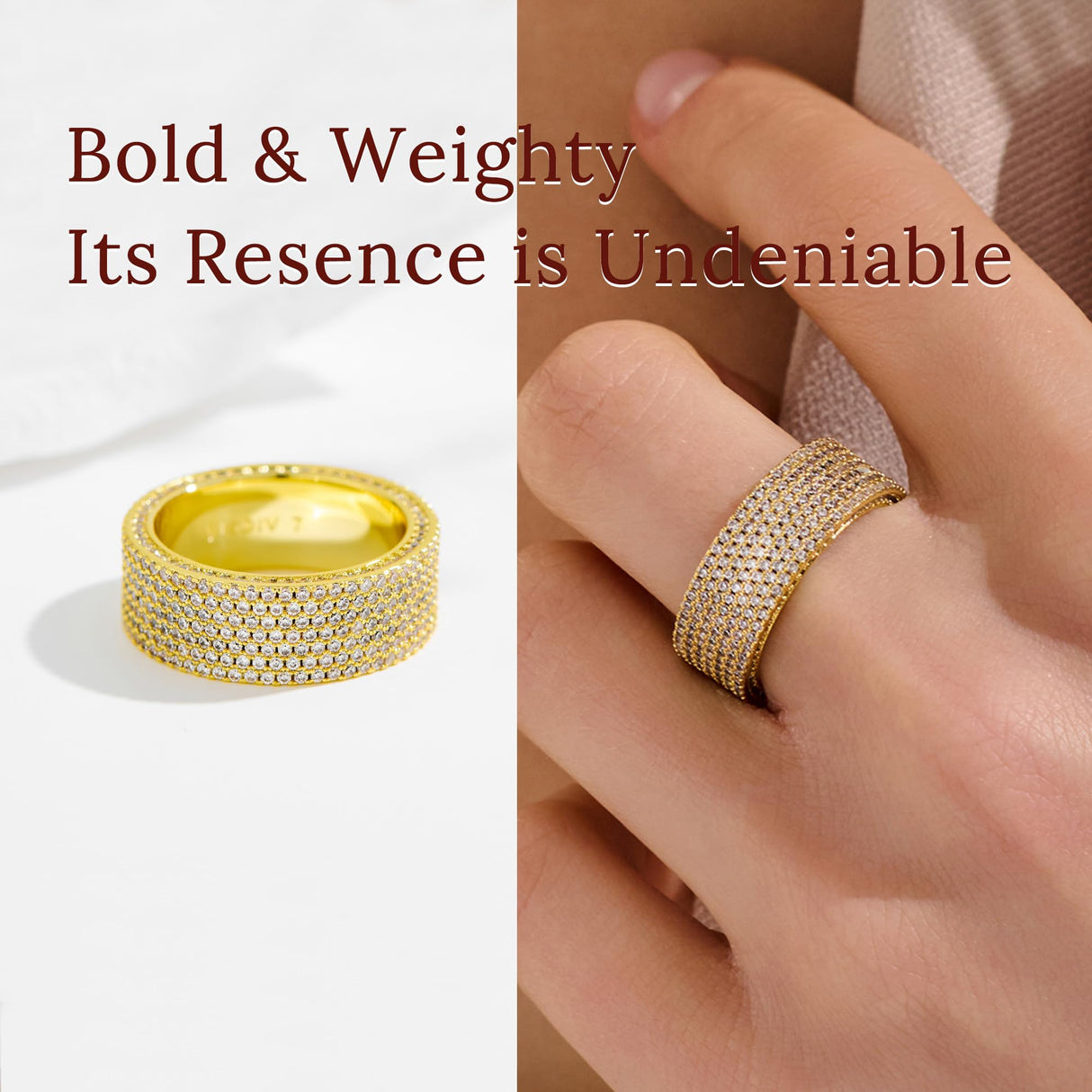 VISDIV Gold Wedding Rings for Women 925 Sterling Silver 14k Gold Plated Promise Engagement Non Tarnish Bands Rings CZ Simulated Diamond Chunky Eternity Statement Wide Rings for Her
