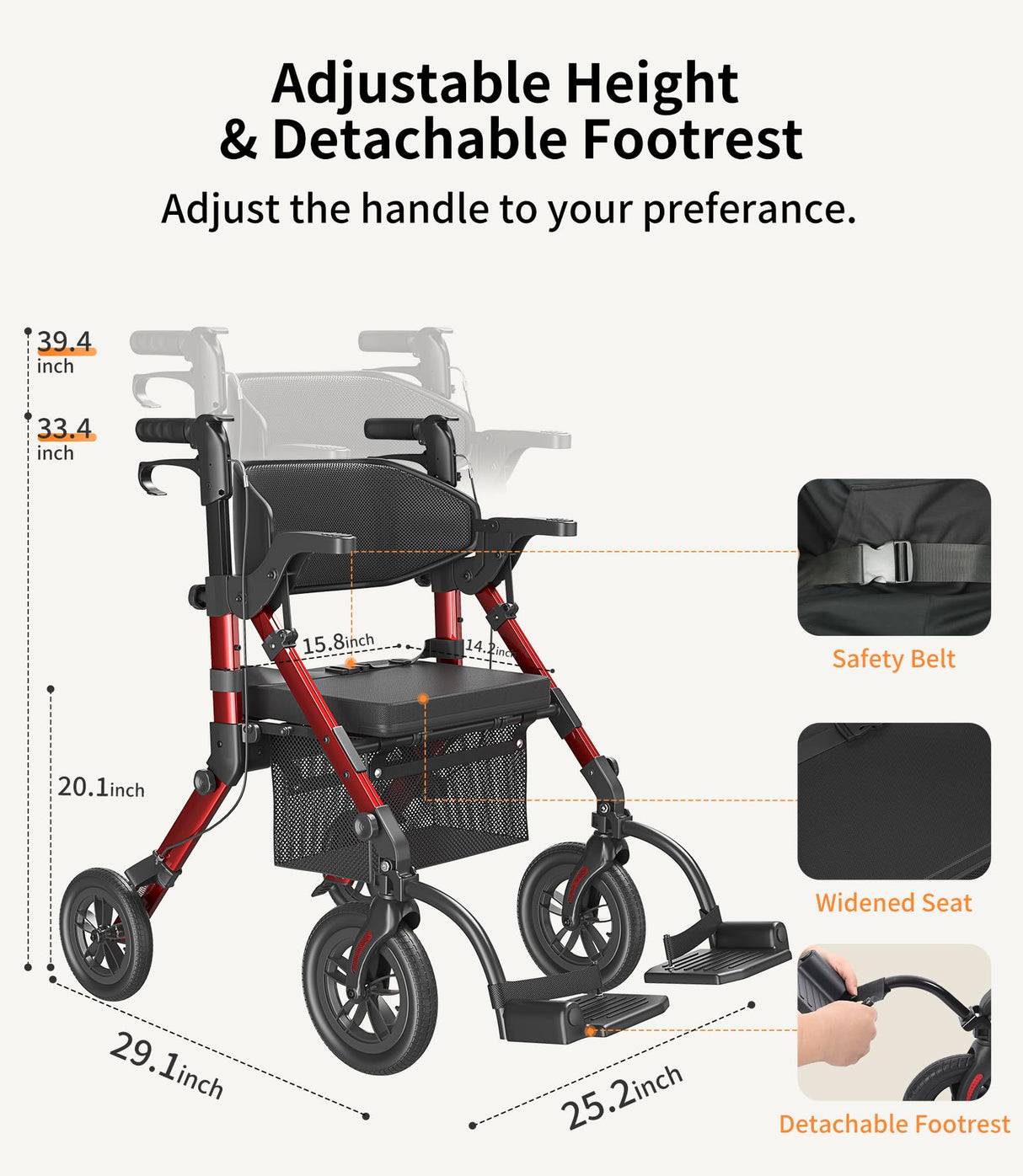 VOCIC Walkers for Seniors, Wheelchairs for Adults, Rollator Walker with Seat, 2 in 1 Rollator Transport Chair with Brakes, Rollator Lightweight Foldable, Walker Wheelchair Combo Z51-FSA HSA