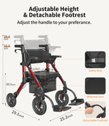 VOCIC Walkers for Seniors, Wheelchairs for Adults, Rollator Walker with Seat, 2 in 1 Rollator Transport Chair with Brakes, Rollator Lightweight Foldable, Walker Wheelchair Combo Z51-FSA HSA