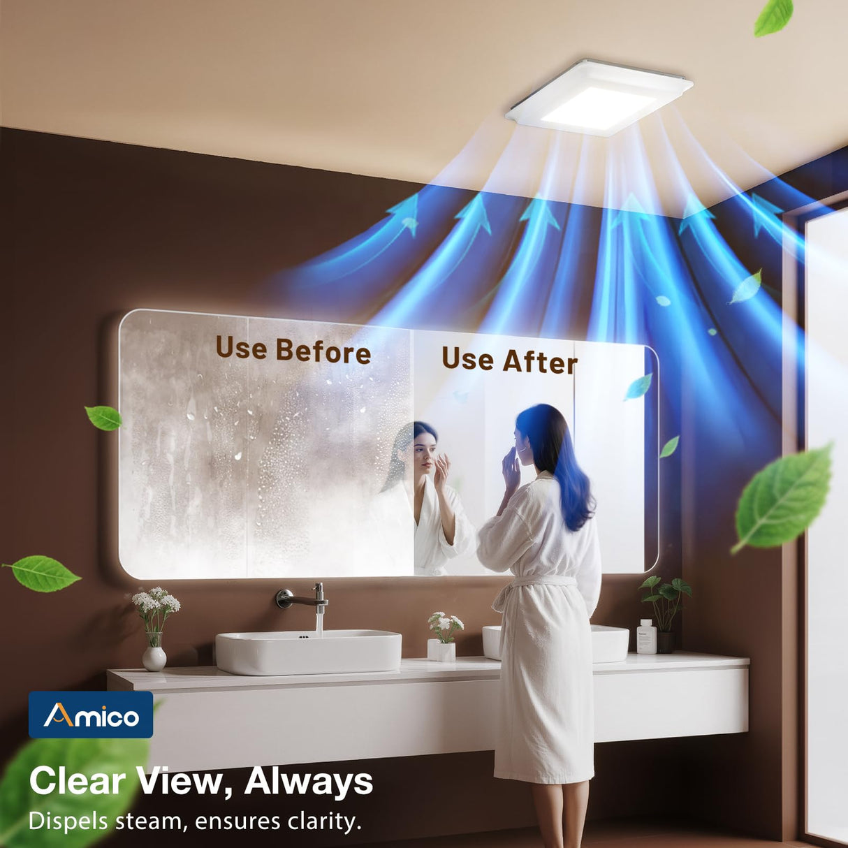 Amico Bathroom Exhaust Fan with Light, 80 CFM, 0.9 Sones, 1000LM, 5CCT, Easy Install, Ceiling Mount Shower Bathroom Fan, Adjustable Household Ventilation Fan, ETL & FCC Certified