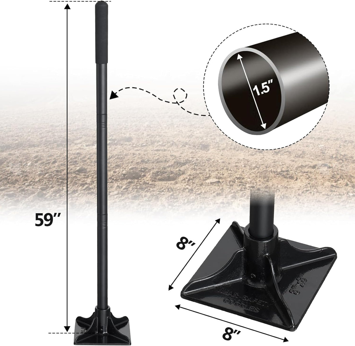 Tamper Tool Heavy Duty, 8x8 Inch Hand Steel Tamper Tool with 59 Inch Handle, Garden Ground Tamper for Leveling Soil, Gravel, Asphalt, Driveway