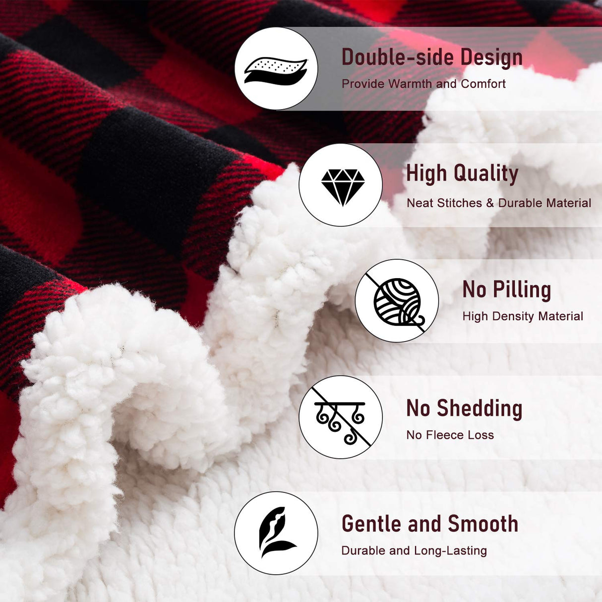BEAUTEX Sherpa Fleece Flannel Blanket Twin Size, Super Soft Warm Buffalo Plaid Plush Microfiber Blankets, Cozy Fuzzy Christmas Blanket for Couch Sofa Bed (Red, 60" x 80")