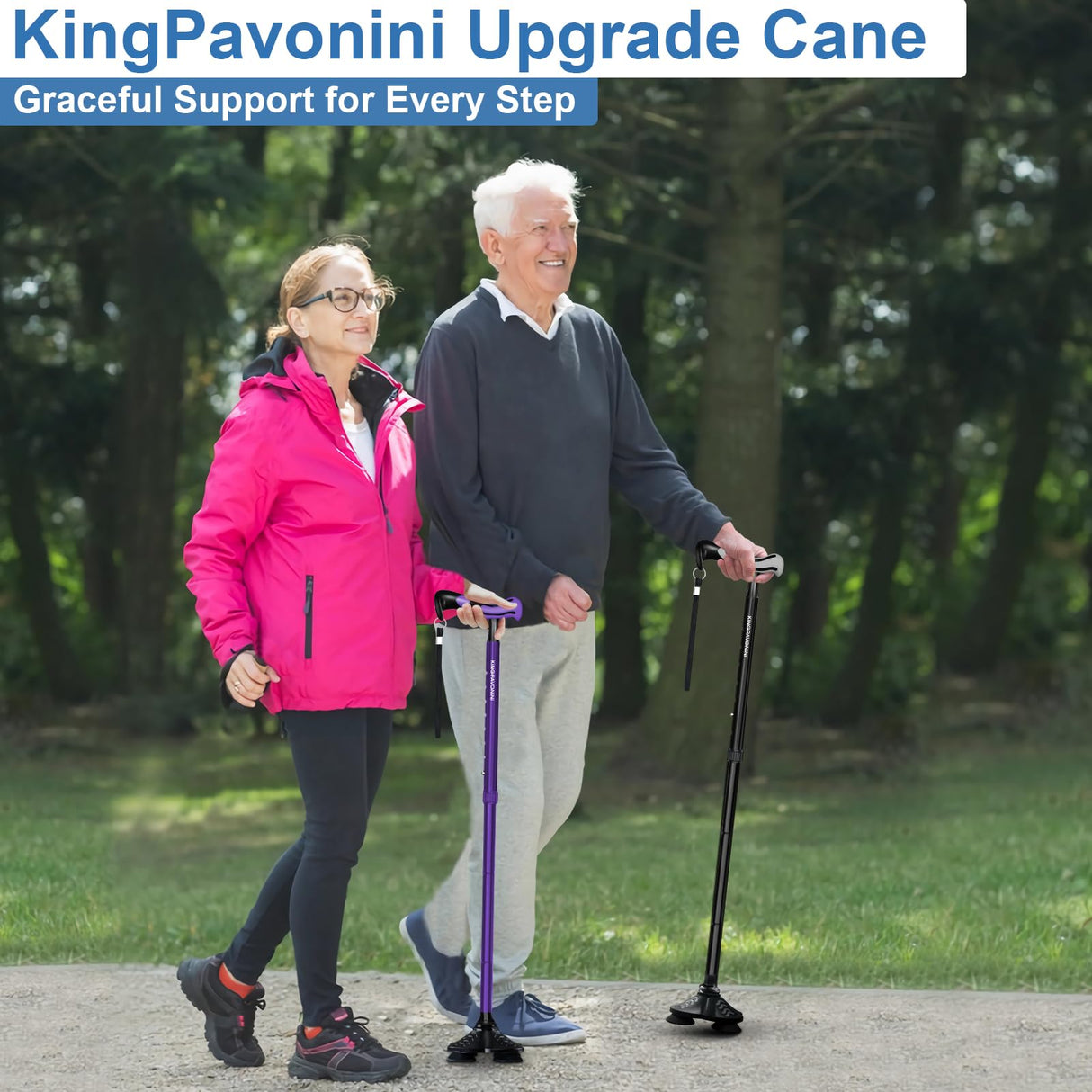 KingPavonini Walking Cane for Men Women Stability, Free Standing Foldable Cane, Ergonomic Handle Pivoting Quad Base, Heavy Duty 350 LBs, Adjustable Walking Canes for Seniors Balance with Travel Bag