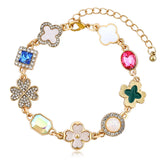Gold Clover Charm Link Bracelet for Women Cute Colorful Geometric Diamond Mother of Pearl Lucky Four Leaf Clover Bracelet Enamel Crystal Rhinestone Statement Bracelet Adjustable Party Jewelry Gift