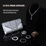 MEDOJO 10Pcs Silvery Rhinestone Jewelry Set for Women Bride Wedding Prom Jewelry Evening Rhinestone Sparkly Clutch Purse Bag Necklace Tennise Layered Bracelets CZ Ring Crystal Drop Earring Set