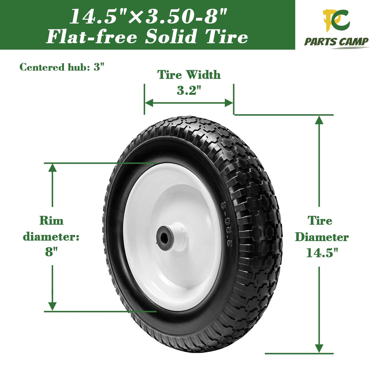 Parts Camp Wheelbarrow Tires,3.50-8" Flat-free Solid Tire and Wheel,Universal Fit 14.5" Wheelbarrow Tire For Garden Carts/Wheelbarrows/Trolley Dolly With 5/8" Axle Bore Hole,3" Centered Hub(2 Pack)