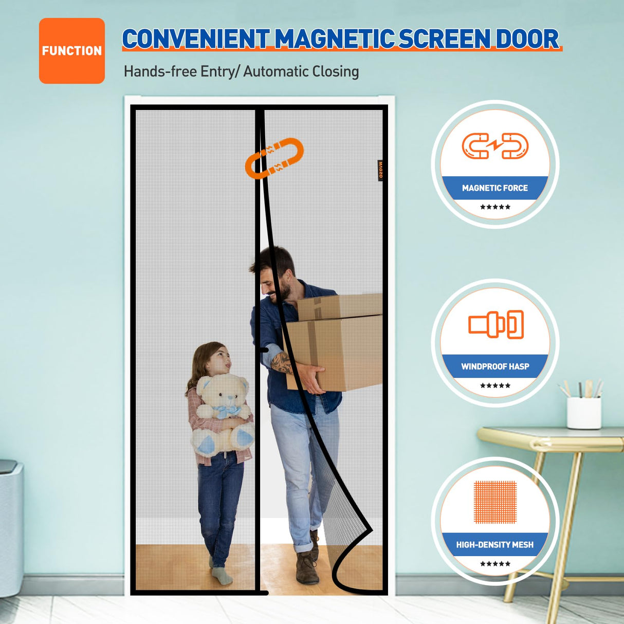 MAGZO Magnetic Screen Door Fit Door Size 36 x 82 Inch, Screen Size 38" x 83" Strong Magnets Mesh, Reinforced Fiberglass Net for Patio and Front Entrances, Gray