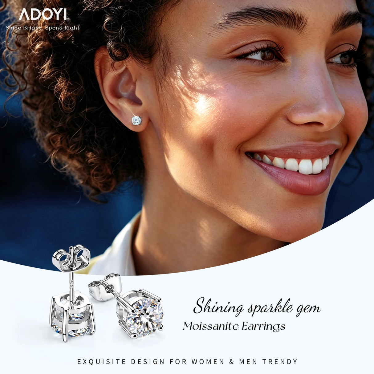 adoyi Moissanite Diamond Stud Earrings for Women Men 925 Sterling Silver Post Hypoallergenic 18K White Gold Plated Flat Back Stud Earring Jewelry Round Cut D Color VVS1 Clarity Gift for Women 2.0CT