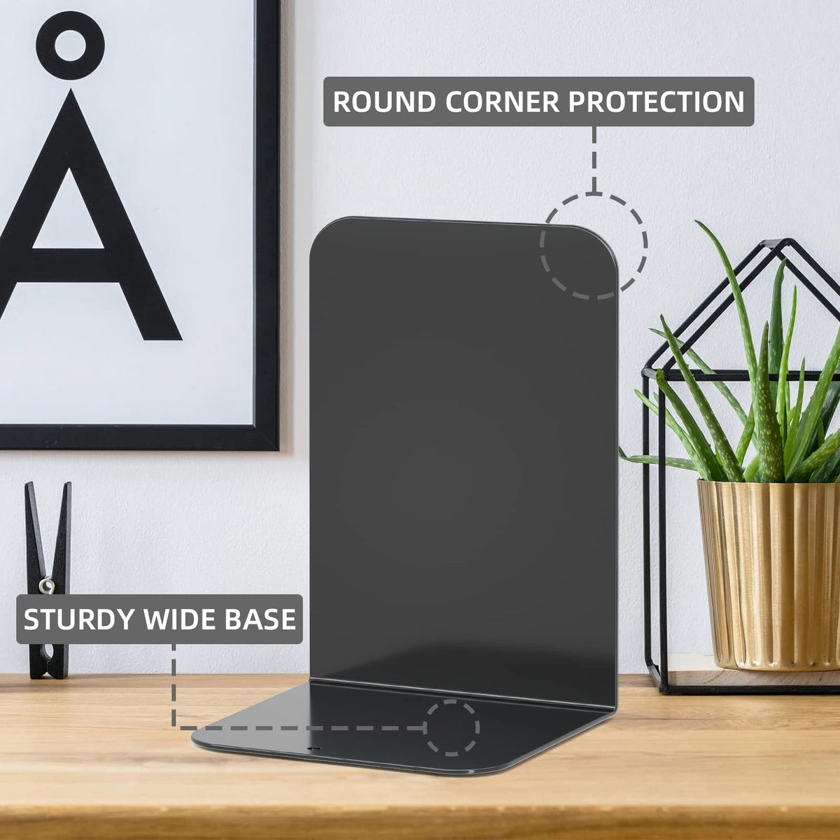 VFINE Bookends 4 Pairs, Black Metal Book Ends, Bookends for Shelves, Book Stopper for Heavy Books, Book Dividers for Home Office School Supplies