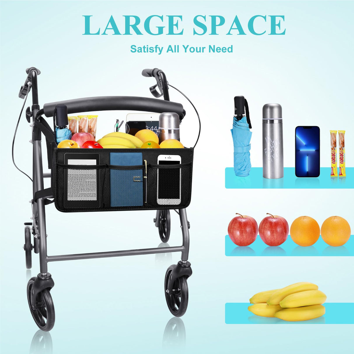 Dotday Rollator Basket with Cup Holder, Easy to Use Rollator Accessories Folding Storage Bag, Never Tipping Over