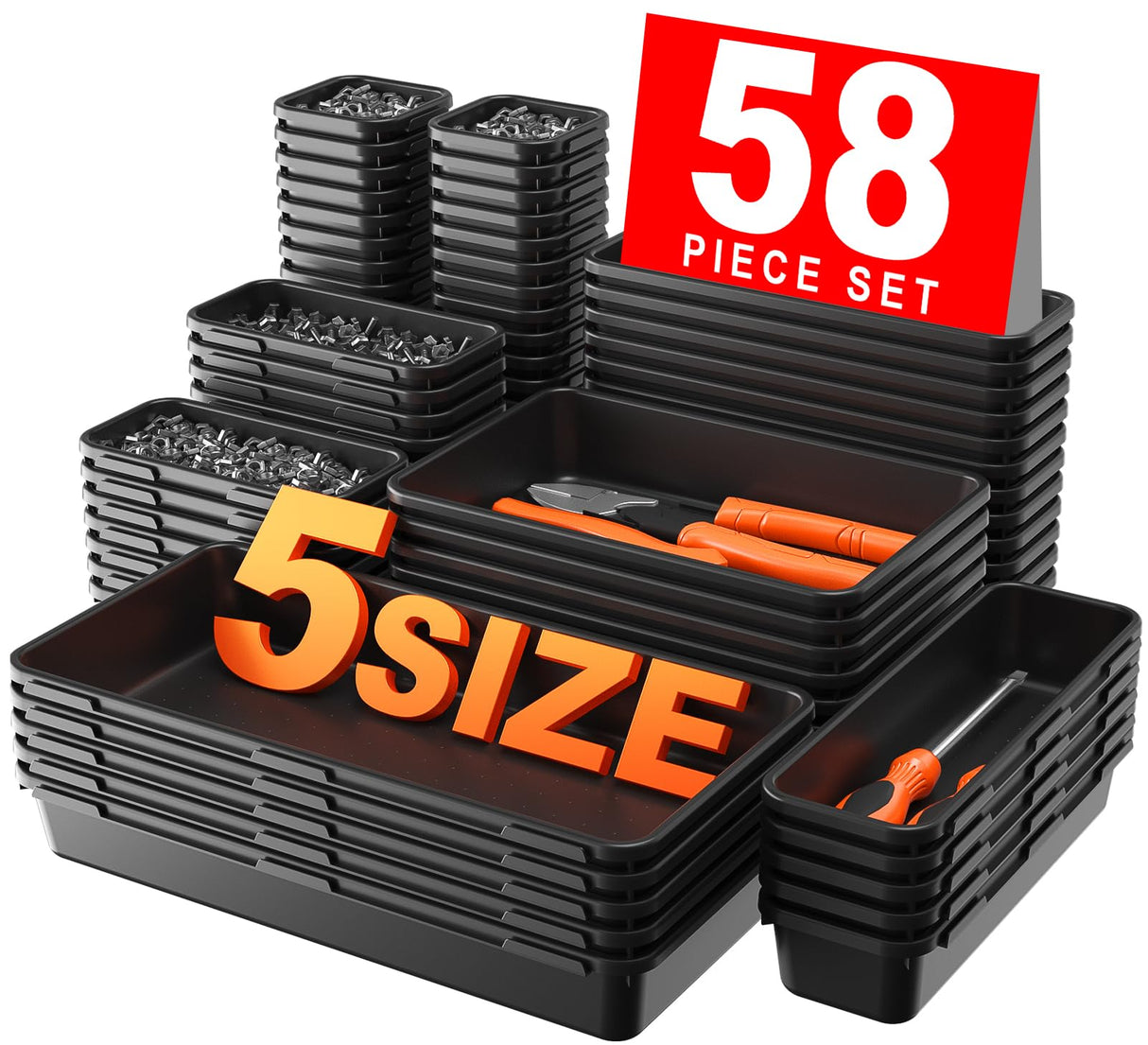 A-LUGEI【𝟱𝟴𝗣𝗰𝘀】【5 Size】 Tool Box Organizer Tray Divider Set, 【Black】 Desk Drawer Organizer, Garage Organization and Storage Toolbox Accessories Rolling Tool Chest Cart Cabinet WorkBench Small Part
