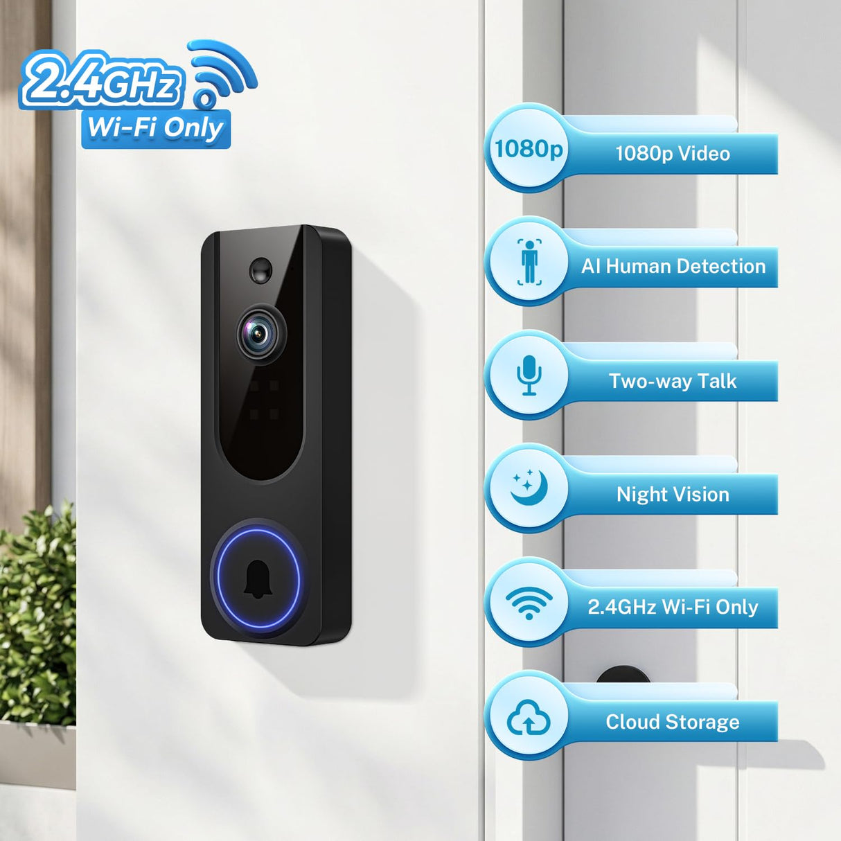 Cookedixo 1080P Wireless Video Doorbell Camera, Battery Powered Door Chime, Night Vision, 2-Way Audio, Smart AI Human Detection, Cloud Storage, Home Security Door Bell