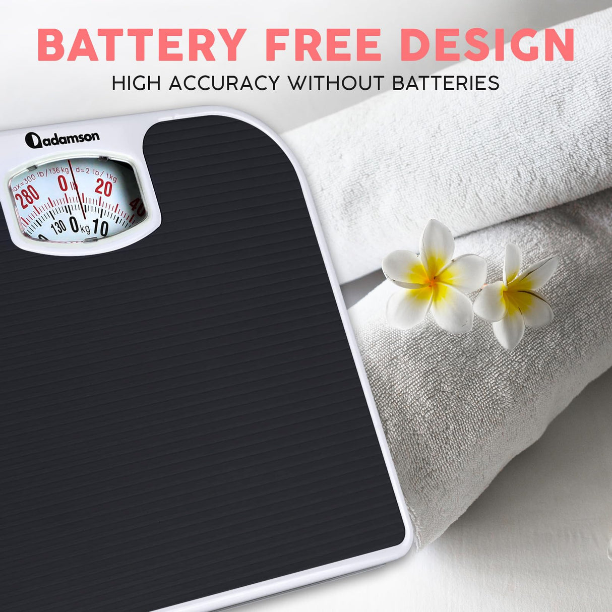 Adamson A21 Analog Scales for Body Weight - Up to 300 LB - New 2024 - Anti-Skid Rubber Surface + Large Numbers - Analog Bathroom Scale - Affordable - Durable with 20-Year Warranty - Black