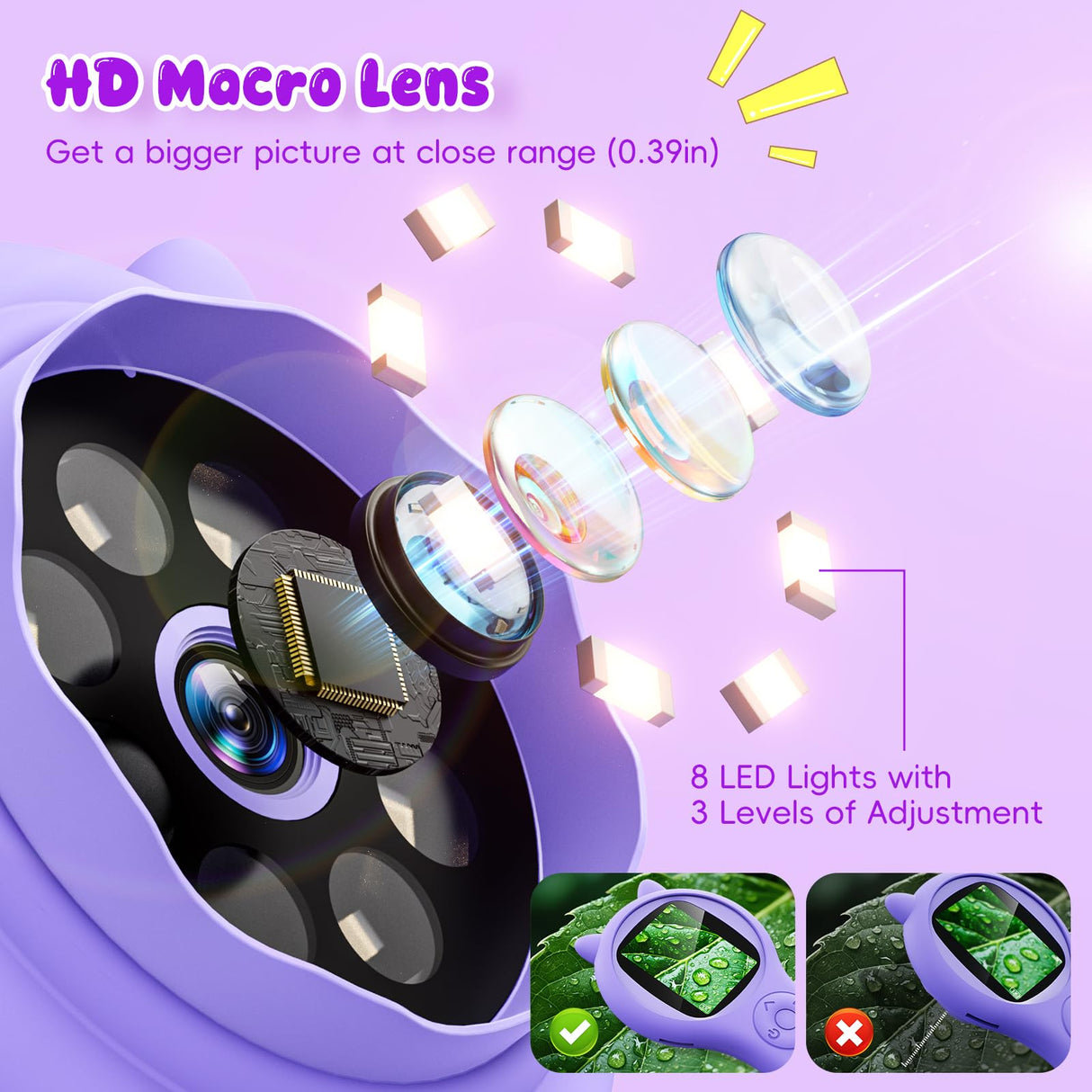 Microscope for Kids - Mini Pocket Handheld Microscope for Toddlers-STEM Educational Science Kit Toys for Christmas Birthday Gifts Toys for 5 6 7 8 9 10 11 12 Year Old Girls（Purple）