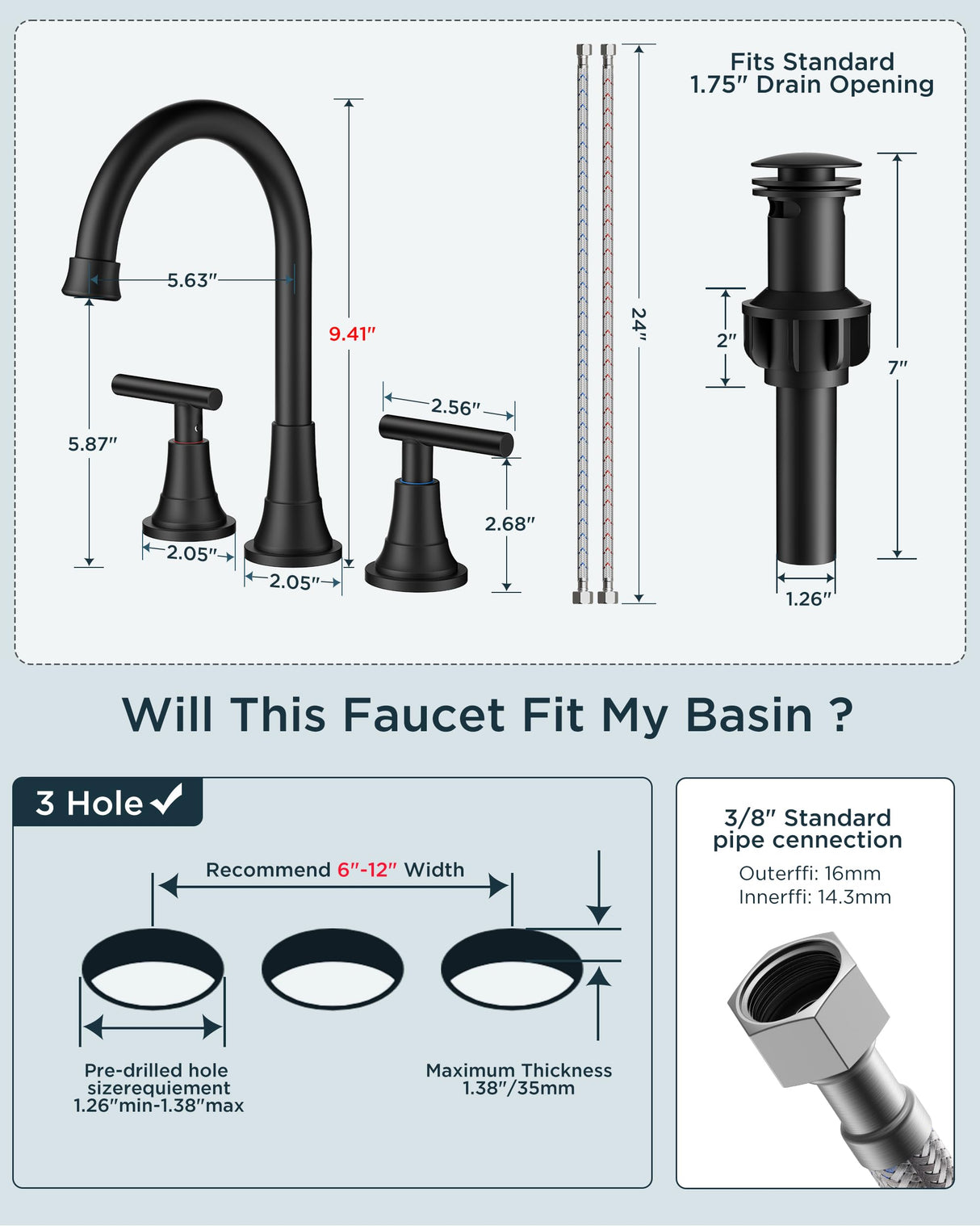 FORIOUS 8 Inch Widespread Bathroom Faucet Black and Gold, 2 Handle Mix Color Rv Matte Black and Brushed Gold Bathroom Sink Faucet 3 Hole, with 360° Rotating Spout, Pop-up Drain, and Supply Line