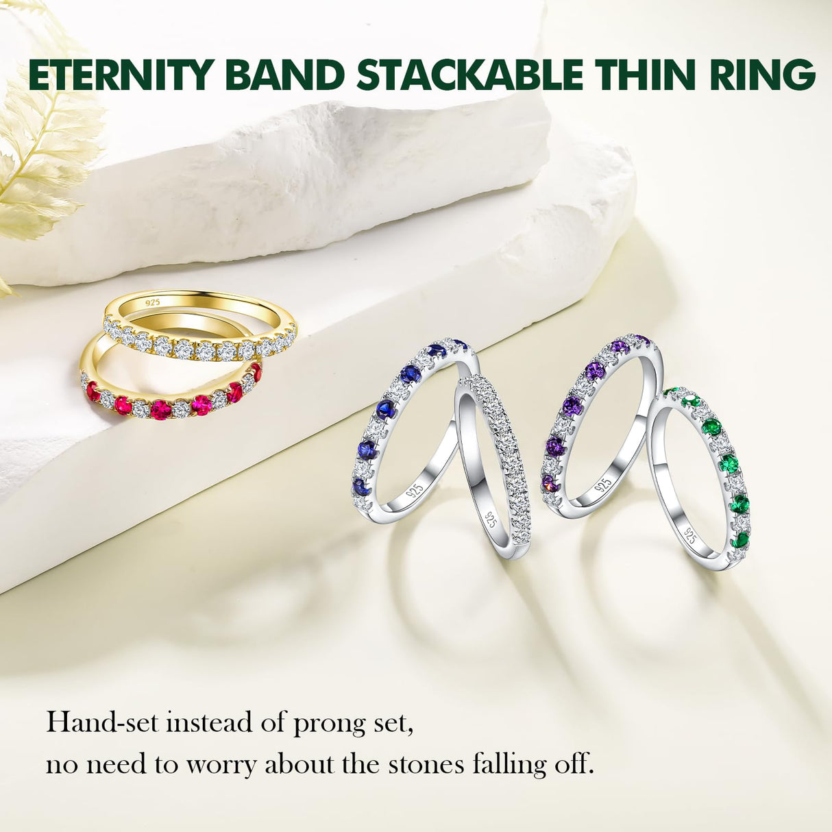 RANDES Blue Sapphire Eternity Rings for Women 925 Sterling Silver September Birthstone Ring Stackable Thin Sapphire Band Ring Size 7