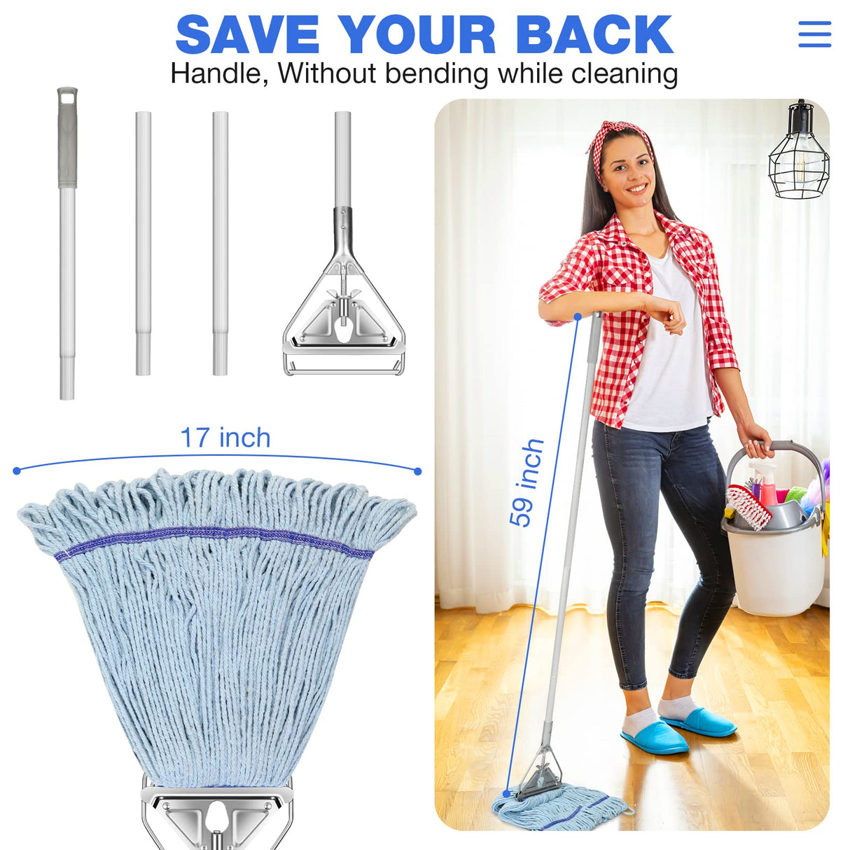 String Mop Heavy Duty for Floor Cleaning- Industrial Commercial Wet Mop with 59inch Mop Handle for Home,Garage,Office, Workshop, Warehouse Floor Cleaning