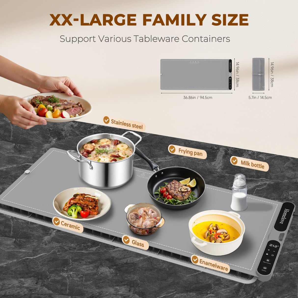 Homelove Warming Mat for Food - Fast Full Surface Electric Warming Tray with 7 Temp-Settings & 8H Timer, Portable Roll Up Food Warmer with Heat Insulation Pad for Gatherings Parties Buffet XXL-Grey