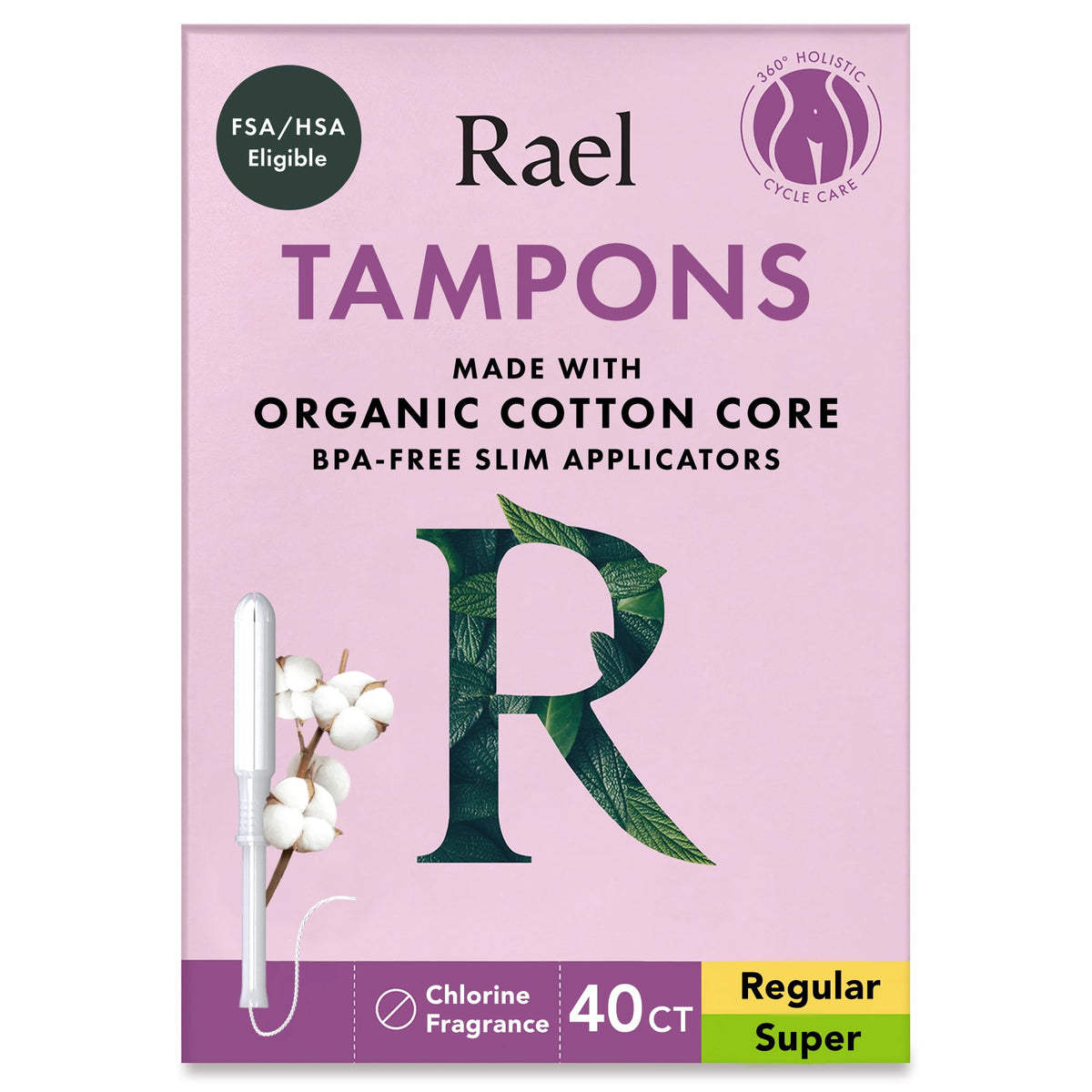 Rael Slim Applicator Tampons with Organic Cotton Core (40 Ct, Bundle)