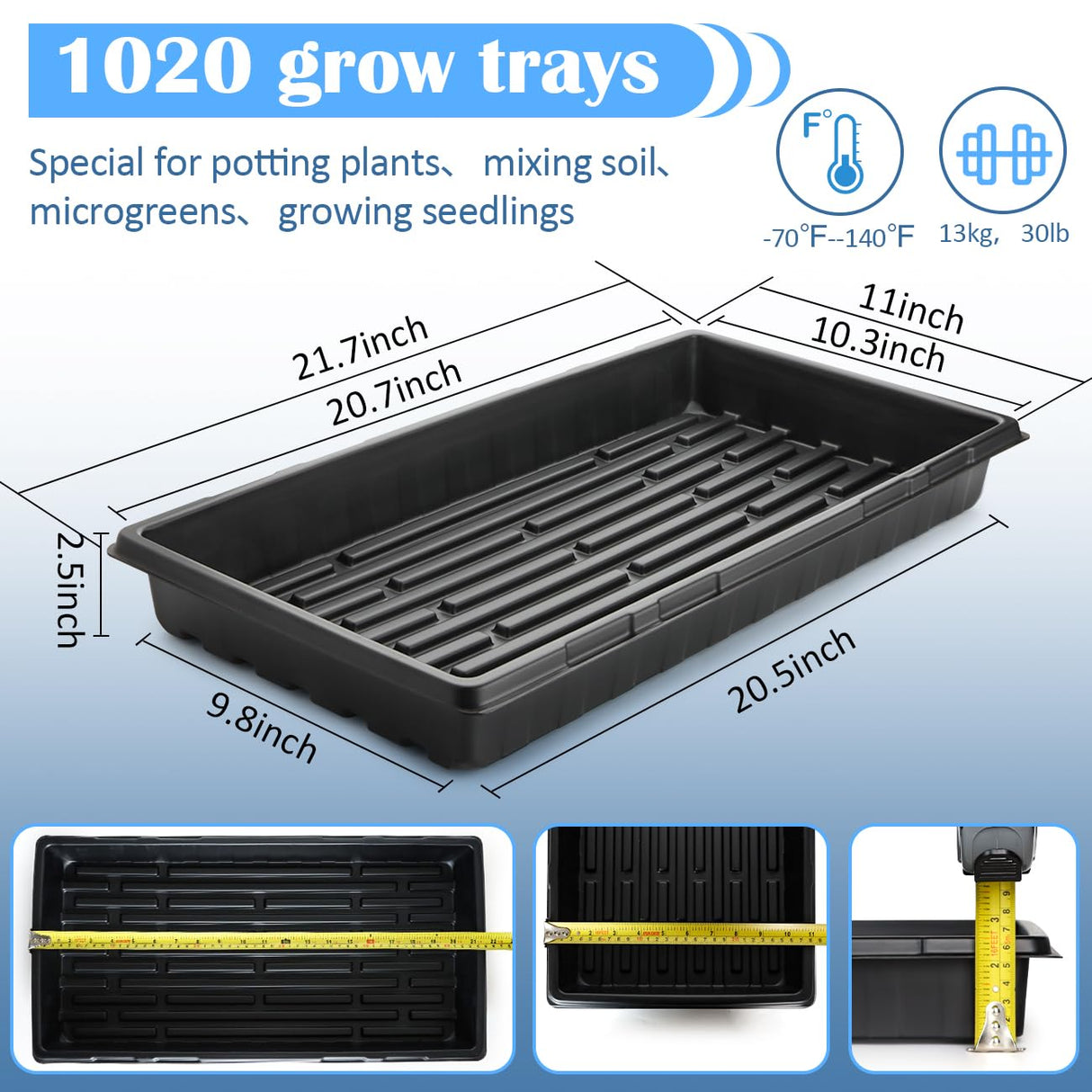 10-Pack Heavy-Duty 1020 Seed Trays – Durable, Thick Plastic Flats for Seed Starting, Microgreens & Transplanting – Fits 7.3'' Humidity Dome and 4'' Planter (21" x 11", 2.76" Deep, No Drain Hole)