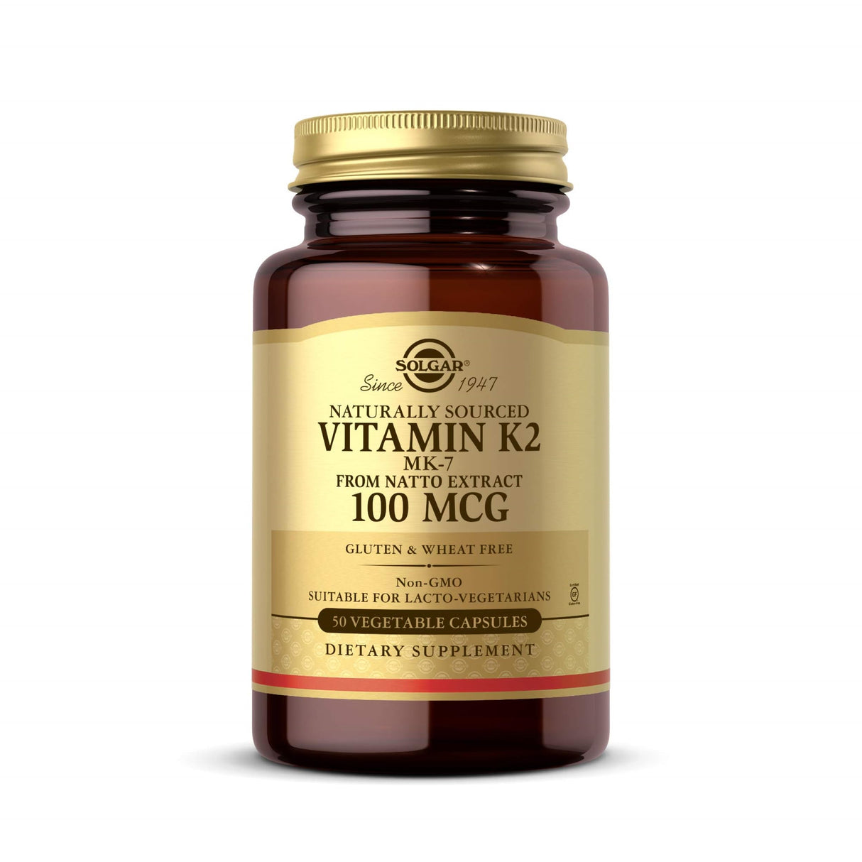 Solgar Naturally Sourced Vitamin K2 (MK-7) 100 mcg - 50 Vegetable Capsules - Supports Bone Health - Whole Food Source from Natto Extract - Non-GMO, Gluten Free - 50 Total Servings
