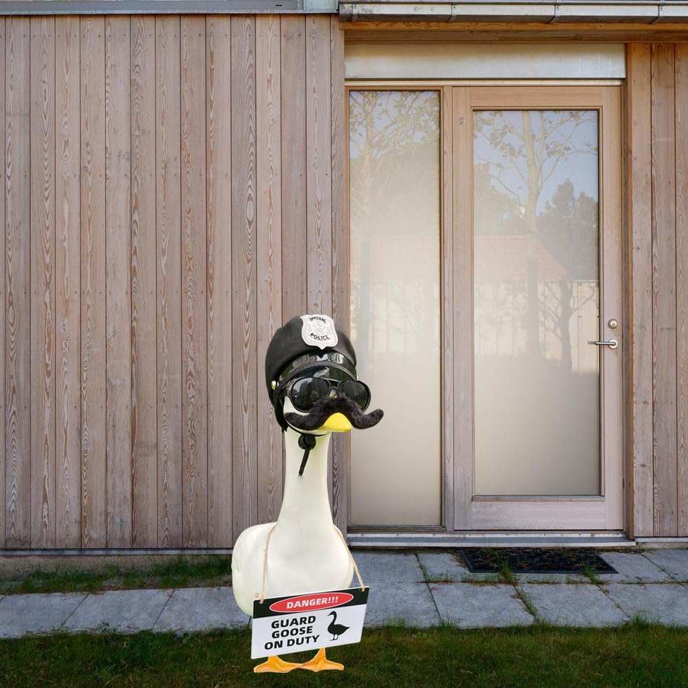ZANOLY 9pcs Goose Outfit,Porch Goose Outfits,Lawn Goose Statue Costume for 17"/23" Cement Patio Garden Outdoor Statue Decor,Police Hat Eyeglasses PVC Sign Danger Guard Goose on Duty (Police)