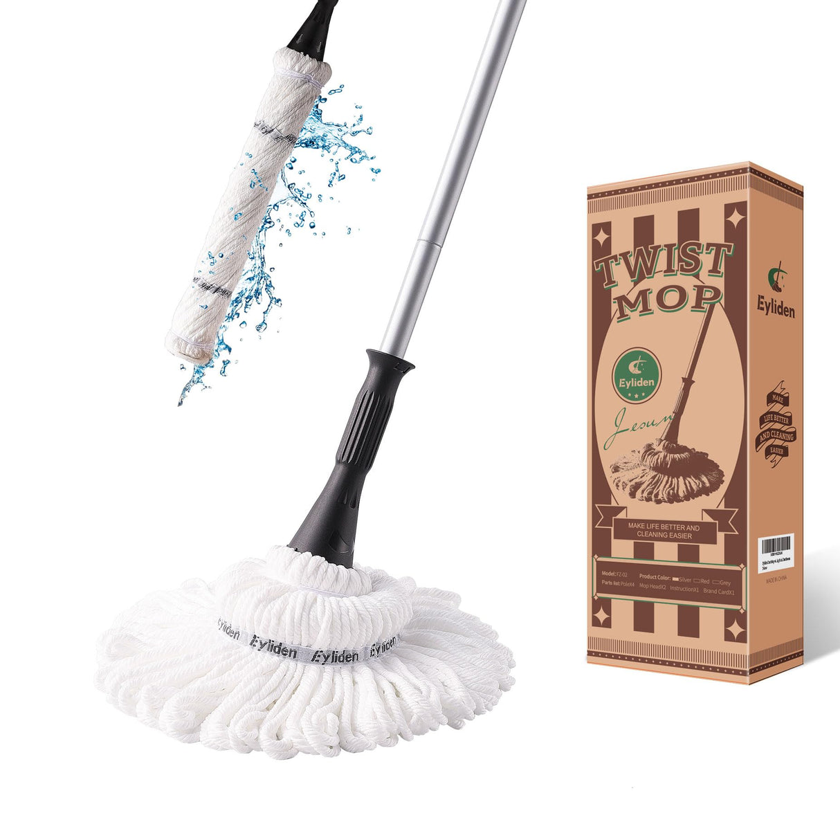 Eyliden Twist Mop, 2 Reusable Microfiber Heads, No Touch Dirt, Easy Wring
