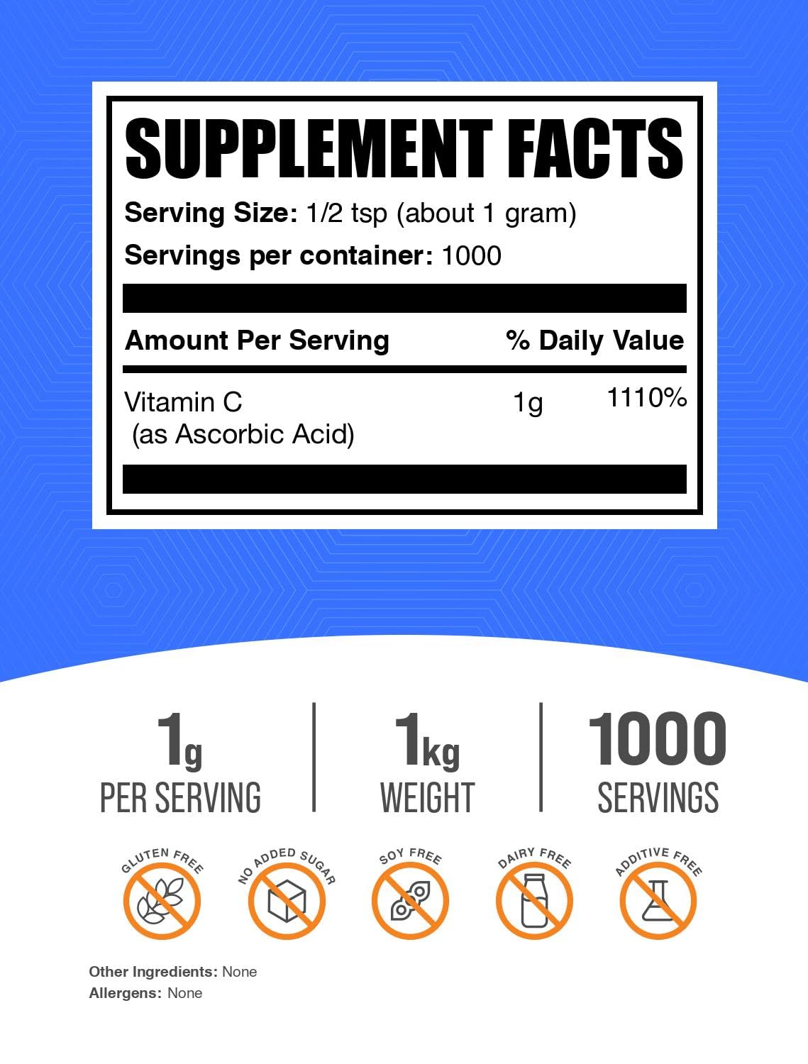 BulkSupplements.com Ascorbic Acid Powder - Vitamin C Supplement, for Immune Support - Ascorbic Acid Food Grade, Gluten Free, 1g per Serving, 1kg (2.2 lbs) (Pack of 1)