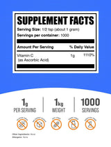 BulkSupplements.com Ascorbic Acid Powder - Vitamin C Supplement, for Immune Support - Ascorbic Acid Food Grade, Gluten Free, 1g per Serving, 1kg (2.2 lbs) (Pack of 1)