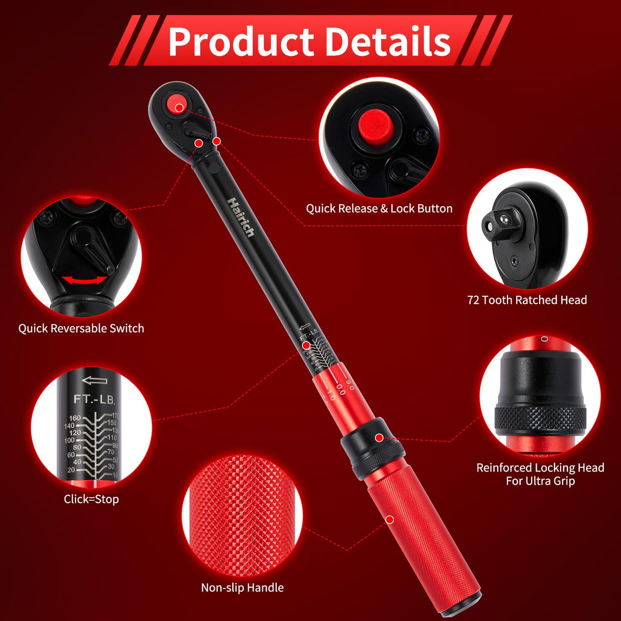 Hairich 1/2 Inch Drive Click Torque Wrench, Dual-direction Torque Wrench 10-170.0ft.lb/13.60-230.5Nm, 72-tooth Torque Wrenches with Dual Range Scales, ±3% High Precision For Bike