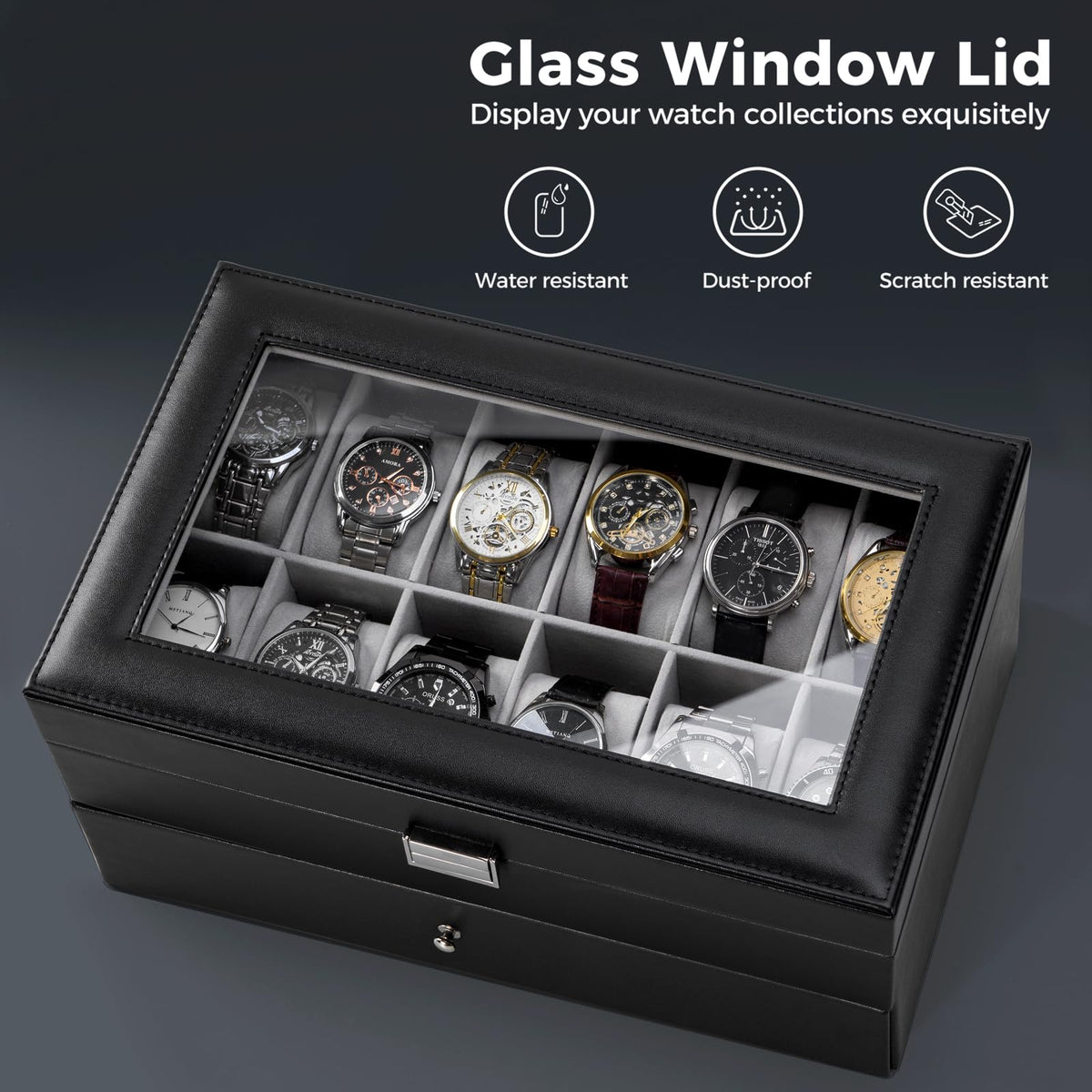 ProCase Watch Box, 12 Slot Watch Case for Men with Drawer, Black