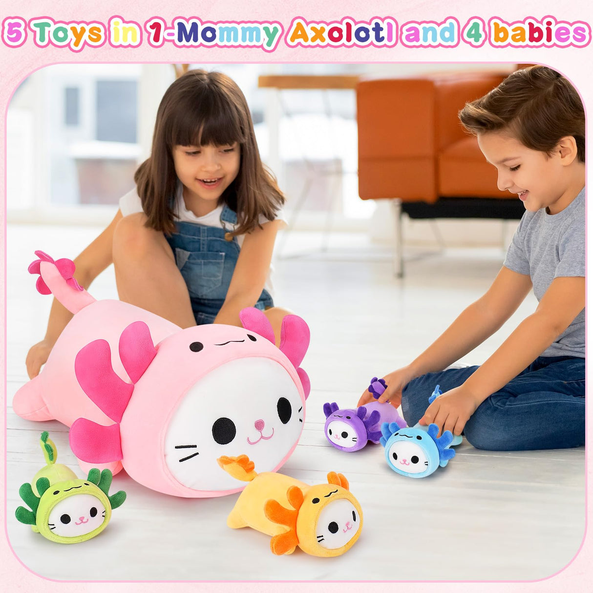 5 PCS Axolotl Cat Plush Stuffed Animal Family-19" Soft Axolotl Cat Plush, Large Mommy Plushies with 4 Baby Kittens Plushies for Kids, Kawaii Plushie Toy Christmas Birthday Gifts for Kids Boys Girls