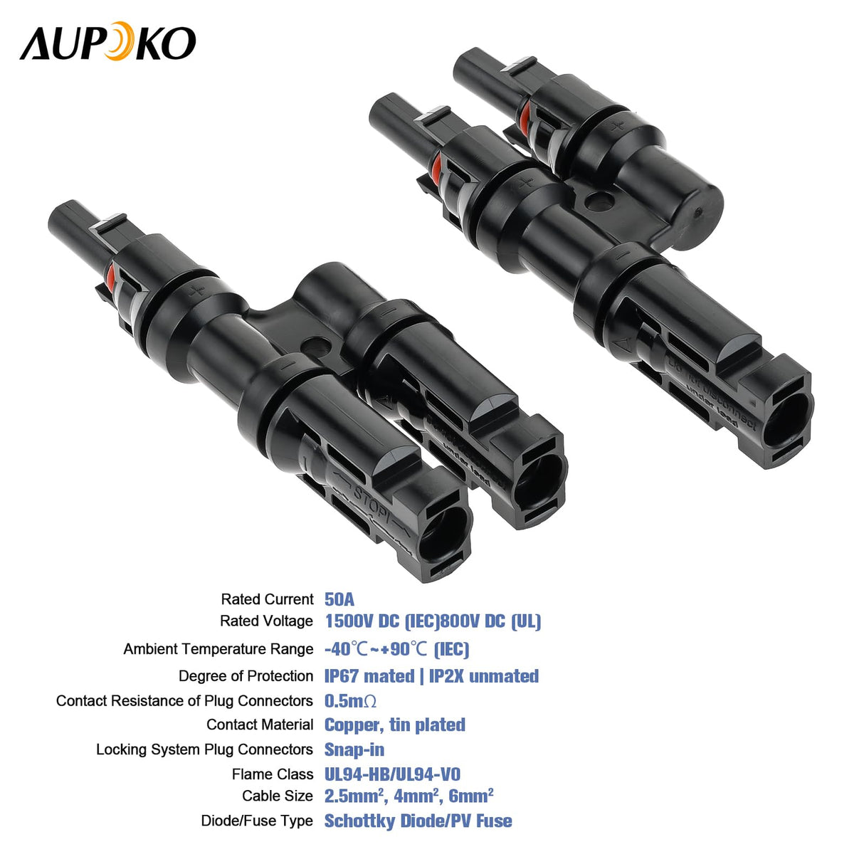 Aupoko T Branch Connectors, Solar IP67 Waterproof Adapter Cable 2 to 1 Compatible with MC4 Connectors, Solar T Branch Connectors MMF+FFM for Solar Panel and Photovoltaic Systems
