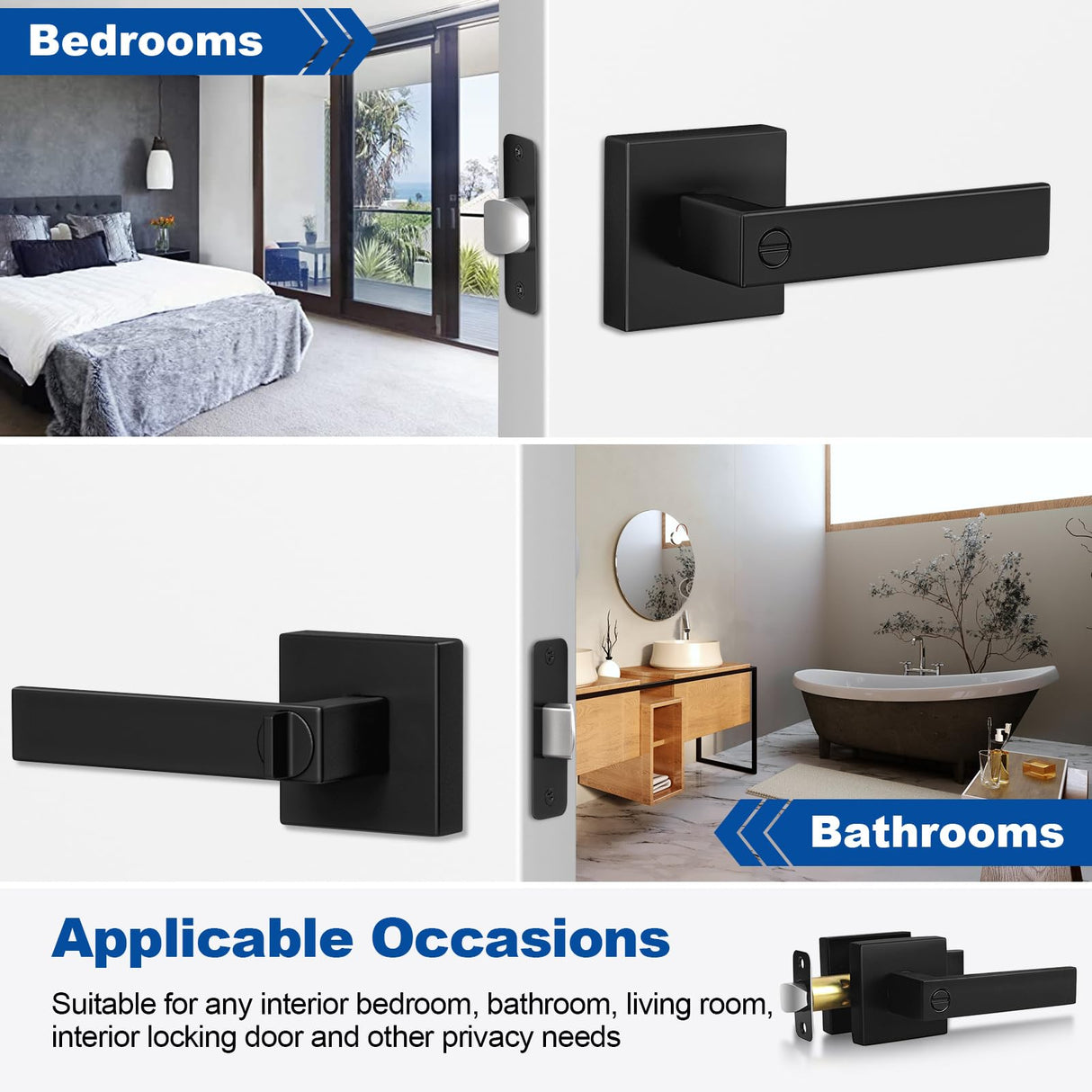 Estmoon 8 Pack Door Handles Black Interior Door Knobs, Keyless Privacy Door Levers with Lock Heavy Duty Door Handle for Bedroom Bathroom