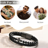 Mens Cross Bead Braided Genuine Leather Bracelet, Black Gemstone Agate Onyx Beaded Rosary Obsidian Bangle, Faith Religious Easter Catholic Christian Communion Baptism Christmas Jewelry Gift for Men