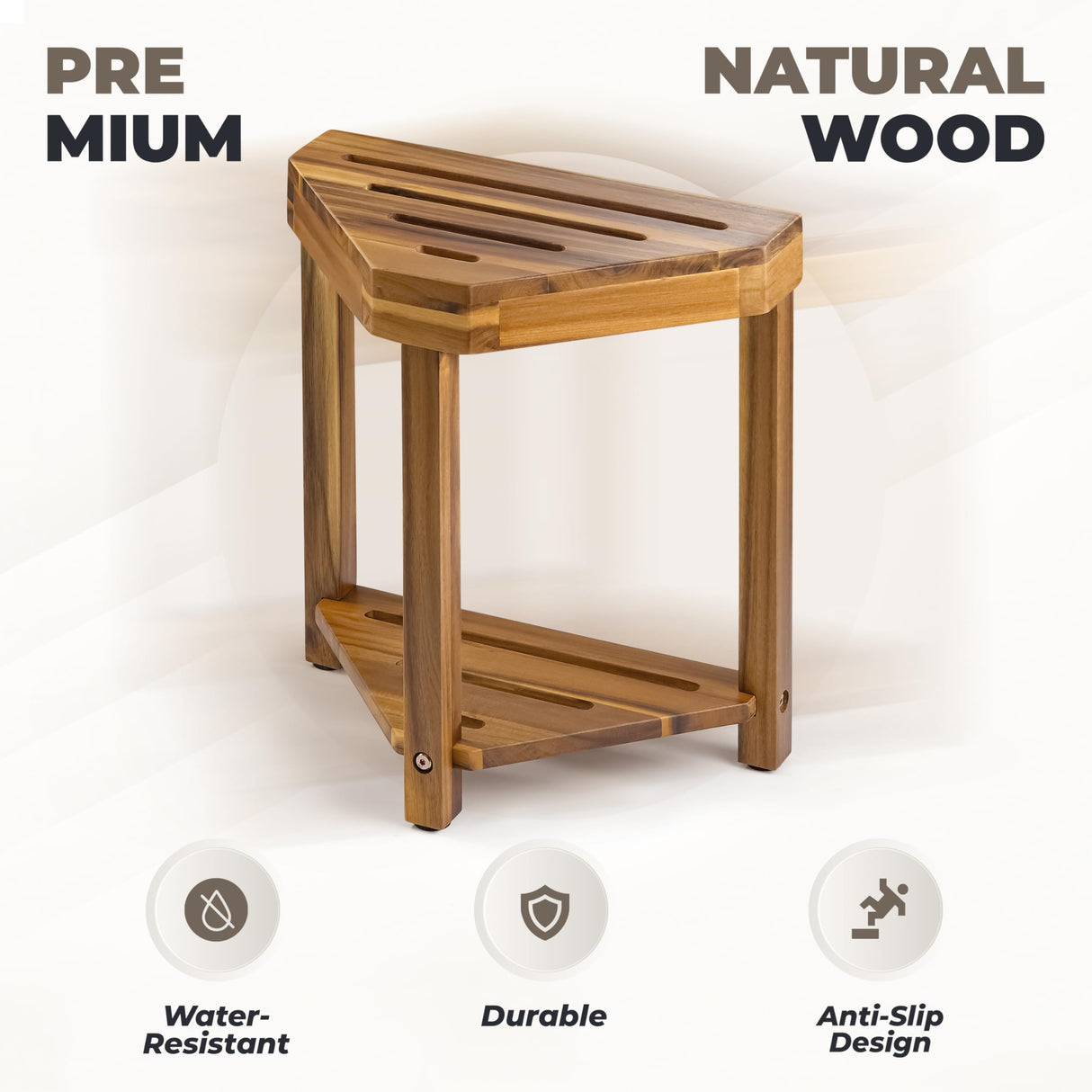 BLUEWEST Shower Foot Rest, Corner Shower Stool, Wooden Shower Foot Stool for Shaving Legs Inside Shower, Waterproof Shower Foot Rest with Storage Shelf for Small Shower Space, Shower Seats and Benches