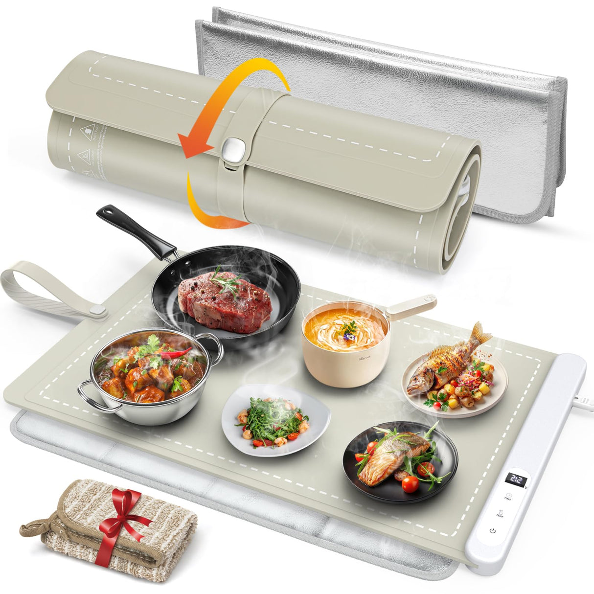 FYY Warming Mat for Food with Heat Resistant Pad, Prevent Countertop Cracks, Keep Meal Warm, Rapid and Full Surface Heating, 6 Temp Settings 6H Timer, Upgraded Rollable Portable Food Warmer Mat Khaki