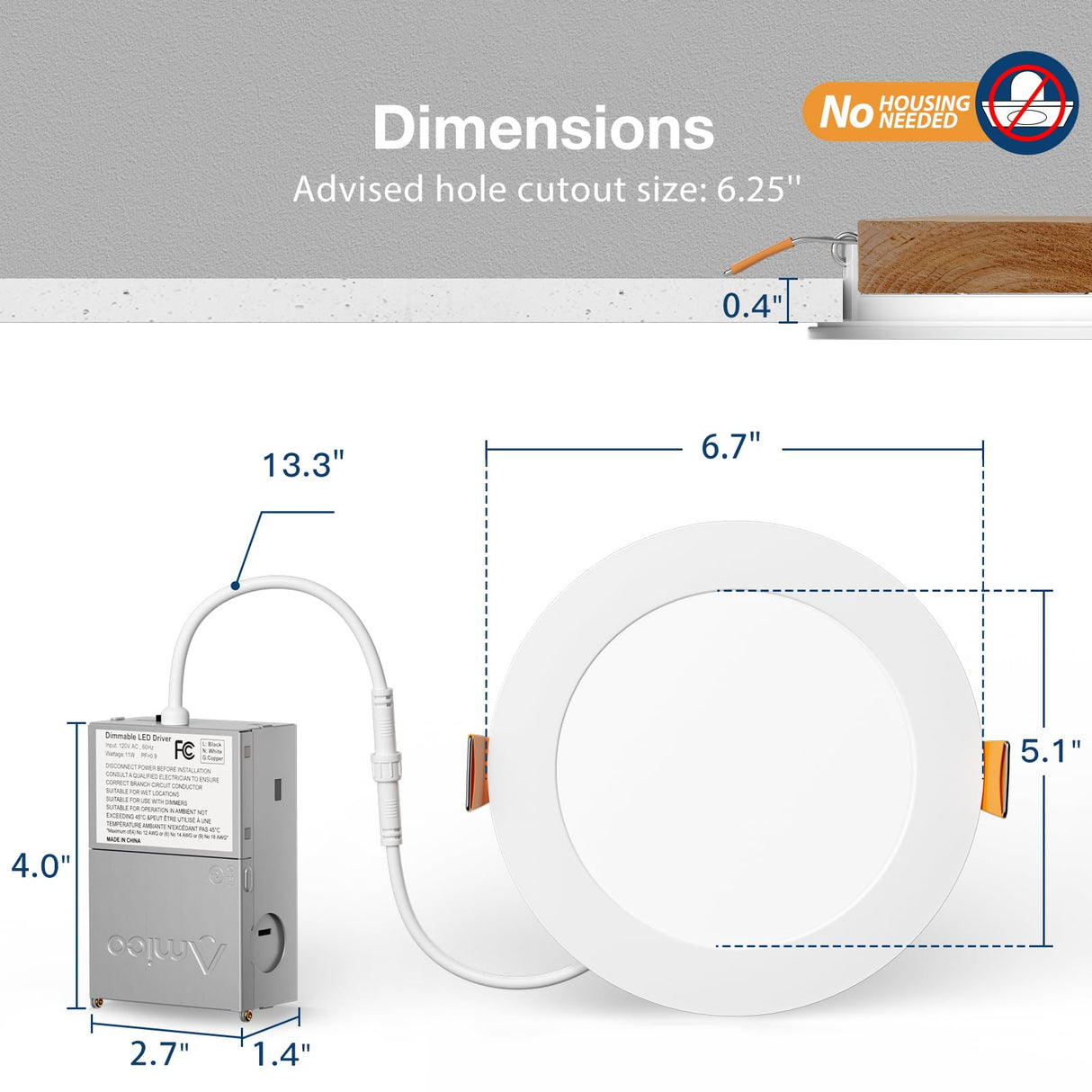 Amico 24 Pack 6 Inch 5CCT Ultra-Thin LED Recessed Ceiling Light with Junction Box, 1050LM Brightness, Dimmable Canless Wafer Downlight, 12W, ETL&FCC
