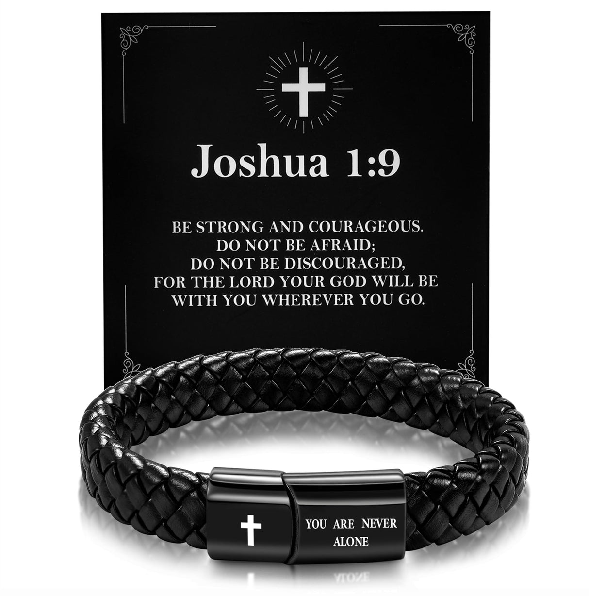 Alissl Black Braided Leather Bracelet for Men, Christian Mens Gifts Ideas