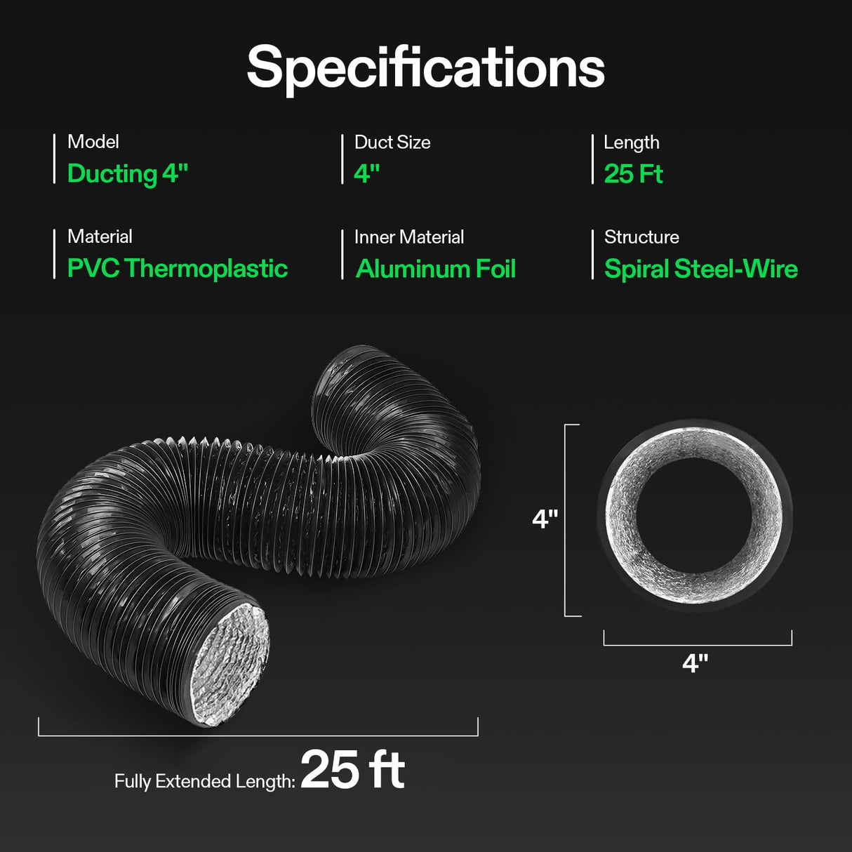 VIVOSUN 4'' Flexible Aluminum Duct, 25 FT Long Heavy-Duty Multi-Layer Air Hose for HVAC Ventilation, Dryer Vent Hose for Grow Tents and Duct Fan Systems, 2 Clamps Included
