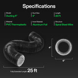 VIVOSUN 4'' Flexible Aluminum Duct, 25 FT Long Heavy-Duty Multi-Layer Air Hose for HVAC Ventilation, Dryer Vent Hose for Grow Tents and Duct Fan Systems, 2 Clamps Included