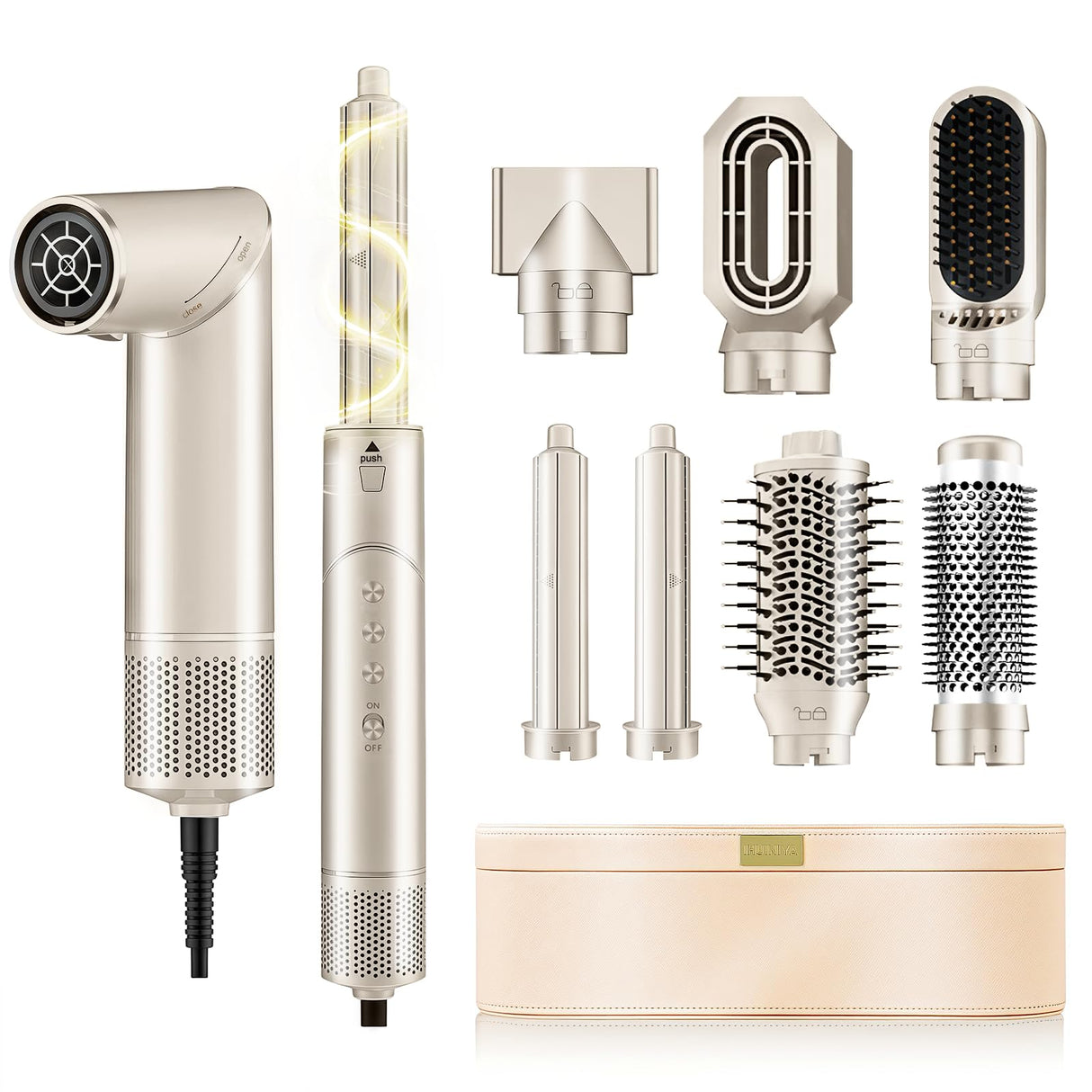 7 in 1 High-Speed Hot Air Styler,110,000 RPM Rotatable Hair Styler ， Professional Frizz-Free Blow Dryer Brush, Fast Drying, No Heat Damage - Curl, Volumize, Straightening Styling (Champagne)