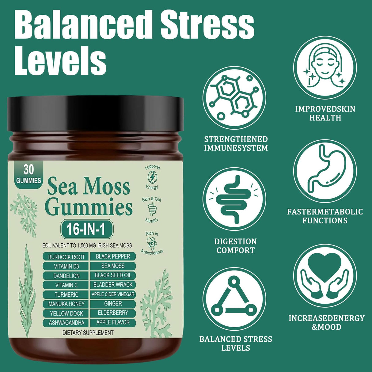 Sea Moss Gummies 16-in-1 | Irish Seamoss Gummies for Women Men with Black Seed Oil & Ashwagandha & Burdock & Bladderwrack | Boosts Immune Support, Skin Health and Digestion | 30 Gummies