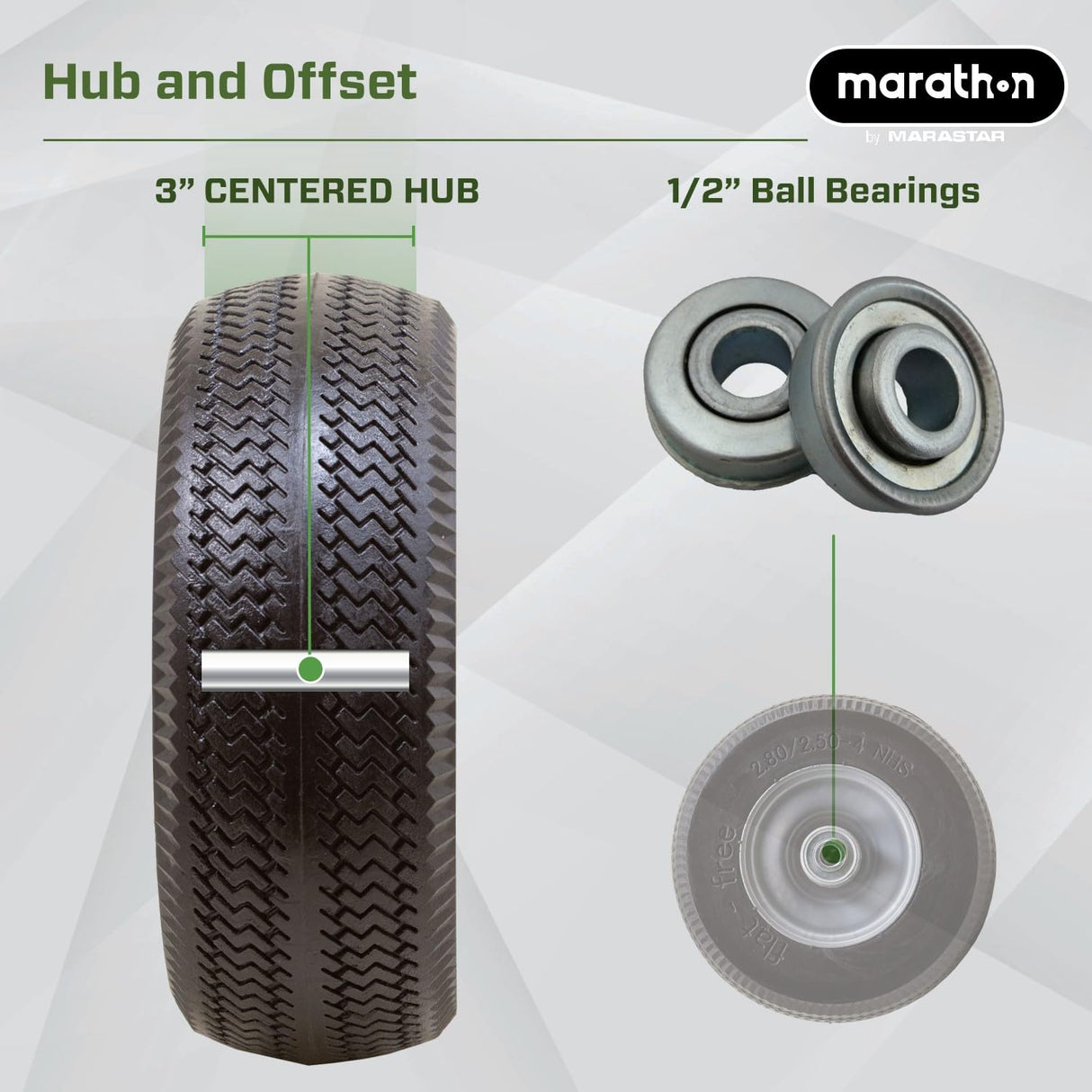 Marathon 00026 Flat Free 2.80/2.50-4 Tire and Wheel Assembly, 3” Centered Hub, 1/2” Ball Bearings, Replacement Tire for Casters, Utility Carts and Other Equipment, Easy Install Assembly