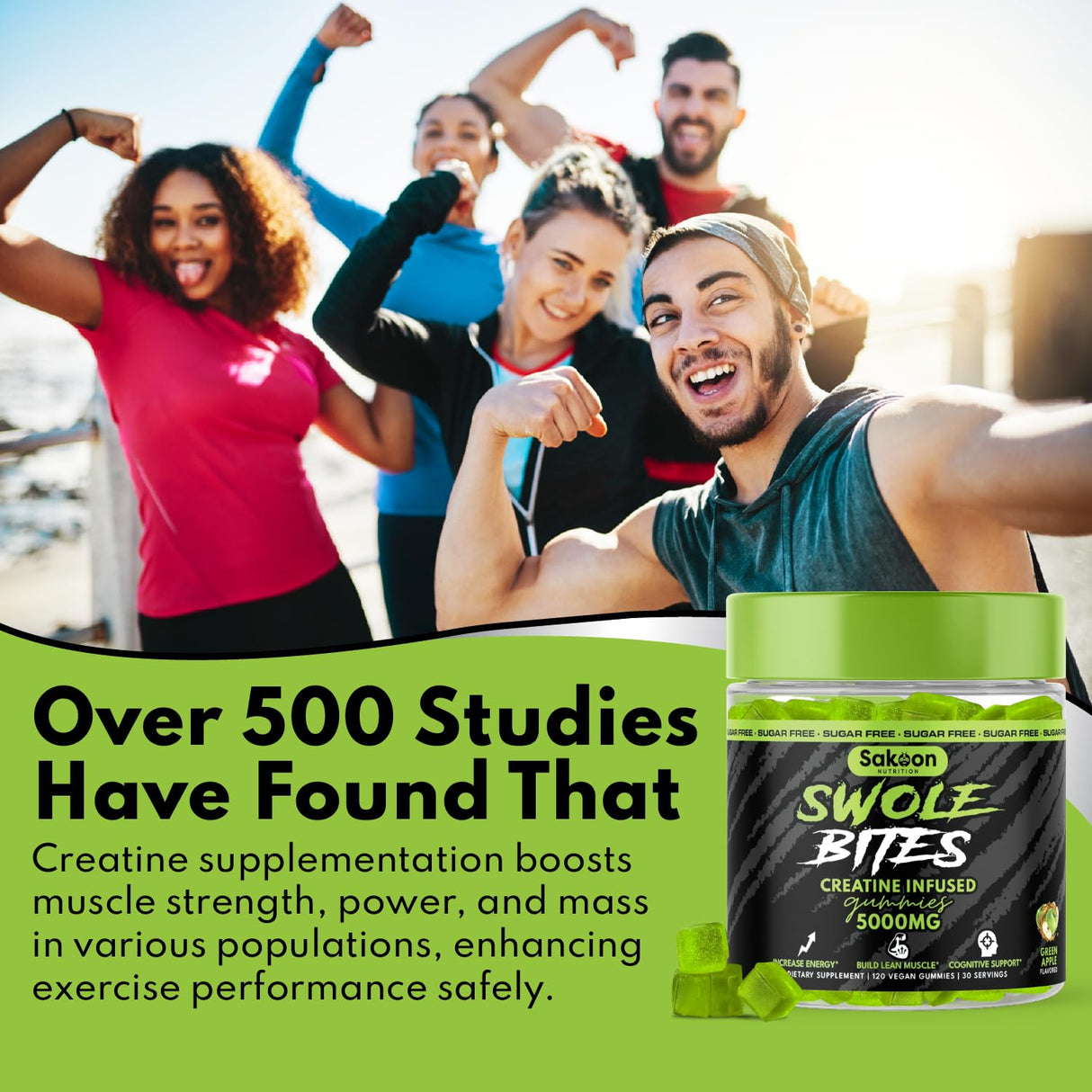 Sakoon nutrition 5000mg Creatine Monohydrate Infused Gummies | Increase Strength and Build Muscle, Sugar-Free, Vegan, Apple Flavor, 120 Count