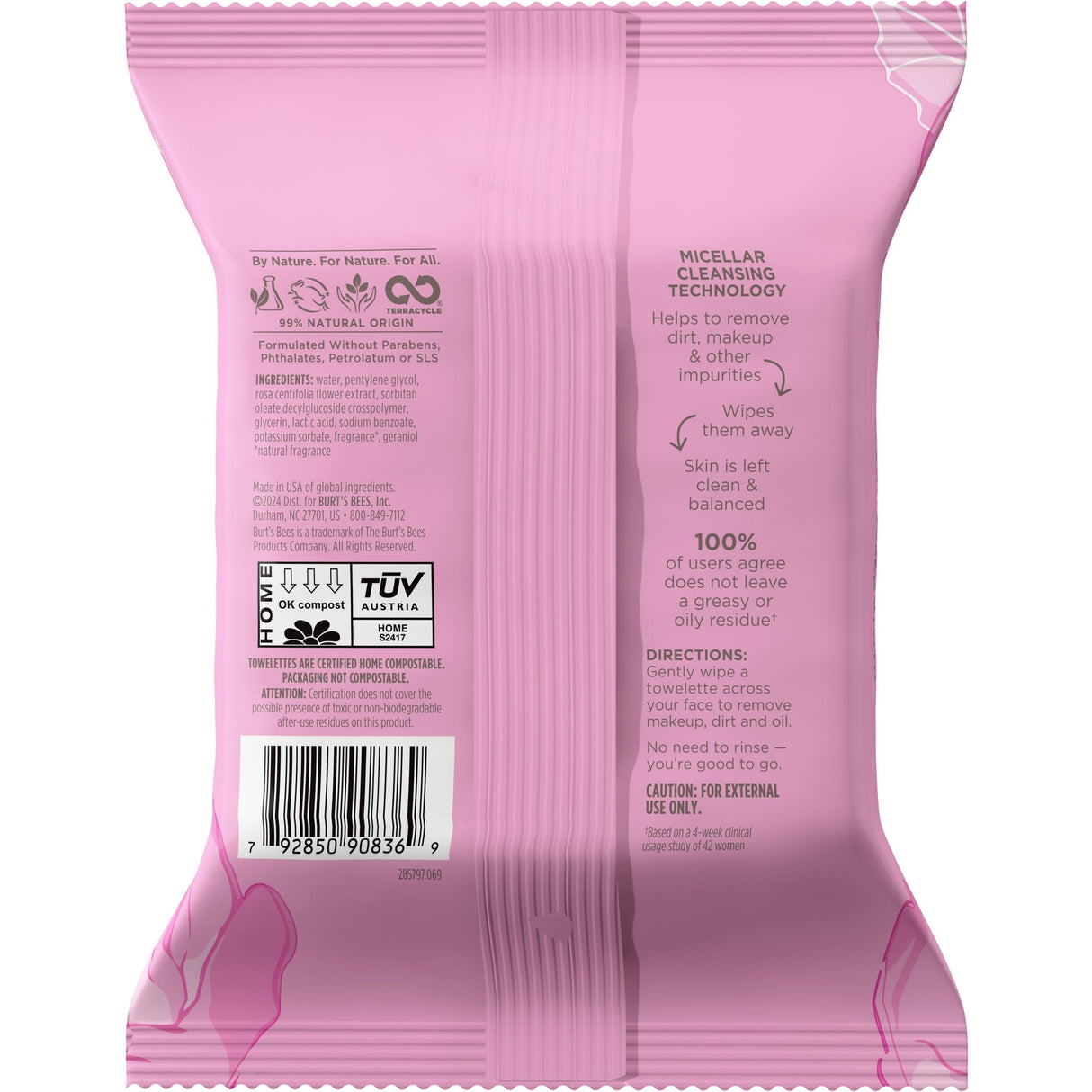 Burt's Bees Stocking Stuffers, Rose Water Face Wipes, for All Skin Types, Hydrating Micellar Makeup Remover & Facial Cleansing Towelettes, Skin Care Christmas Gifts, 30 Ct (3-Pack)