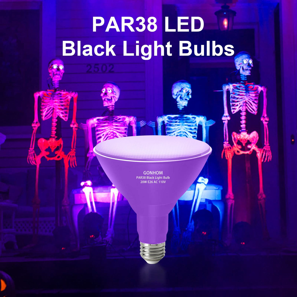 Gonhom 2 Pack Par38 Black Light Bulbs Outdoor,20W Black Flood Light Replace to 200W,1000LM E26 Base Blacklight Bulbs Outdoor for Halloween Light Bulbs,Christmas Party Decor,Home Lighting
