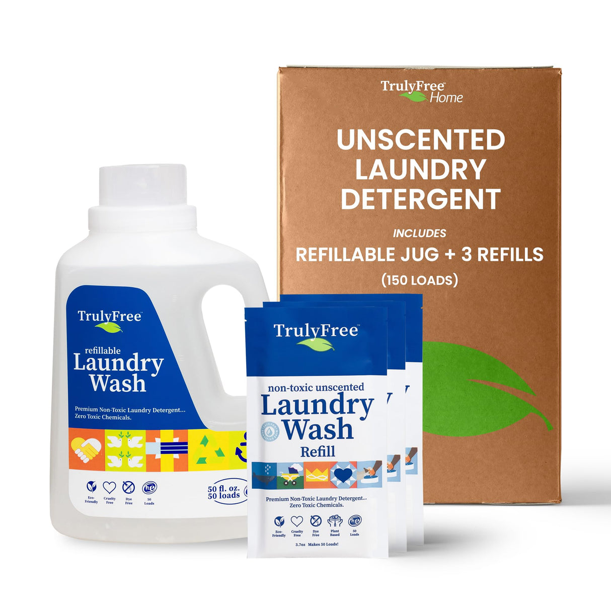 Truly Free Laundry Wash Detergent for Sensitive Skin, Gentle & Safe for Baby Clothes | Plant-Based, Natural Ingredients | Unscented | Include 1 Refillable Bottle (150 Loads)