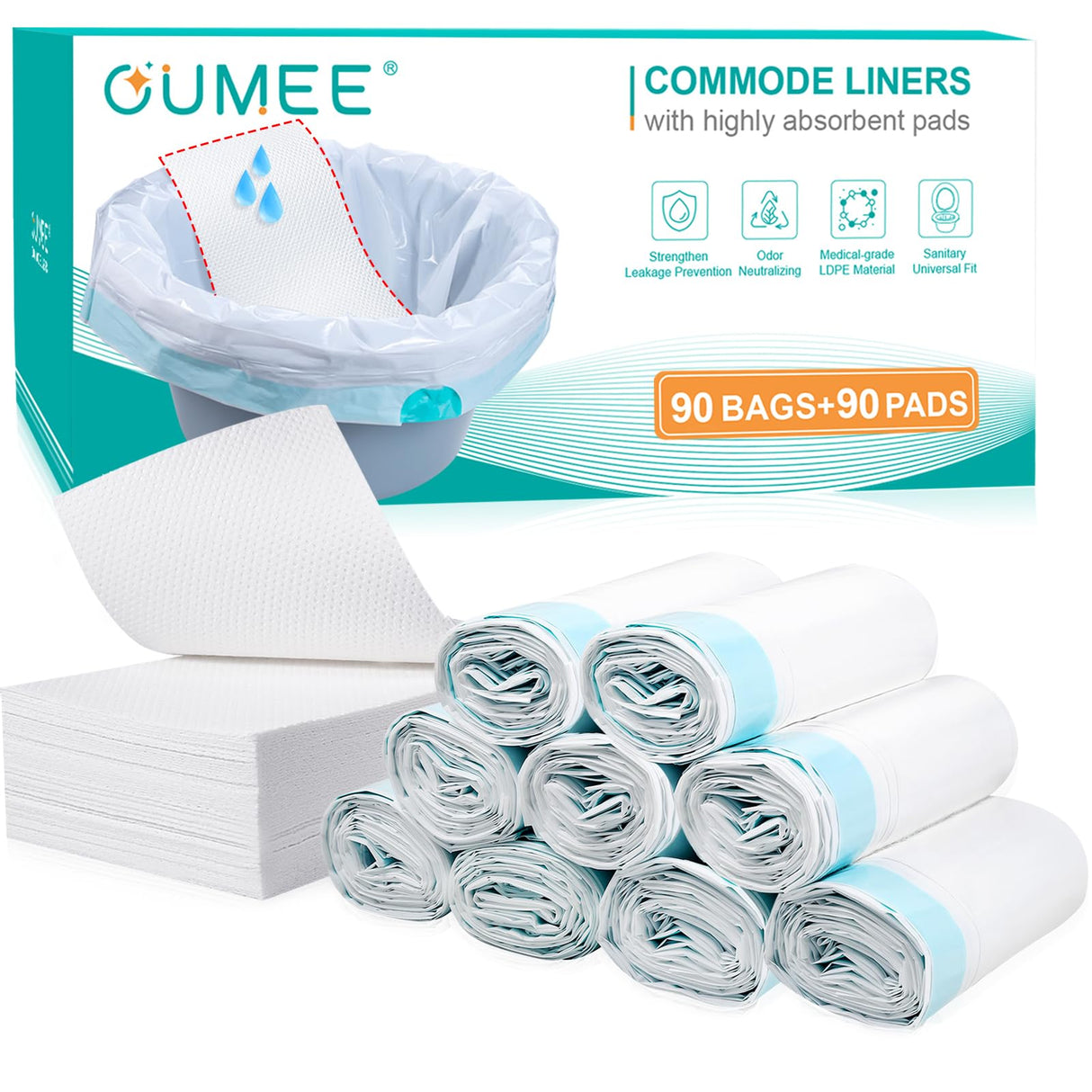 OUMEE Commode Liners with Absorbent Pads, 90 Bedside Commode Liners and 90 Pads for Commode Bucket, Disposable Commode Bags for Adults, Portable Leak-Proof Potty Chair Liners
