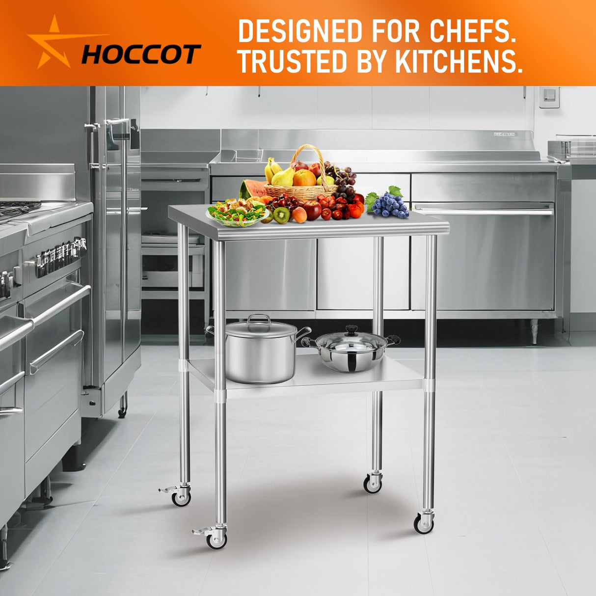 HOCCOT Stainless Steel Table with Wheels 30" x 30" Utility Worktable with Adjustable Undershelf for Commercial Kitchen, Garage, Restaurant